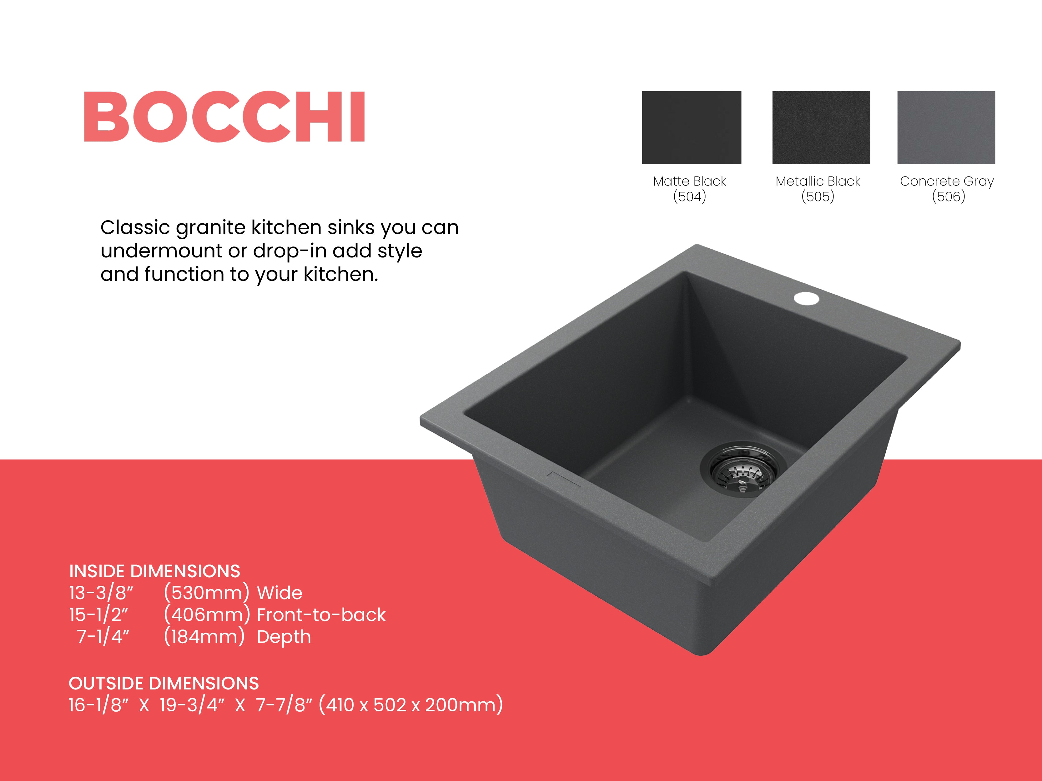 BOCCHI Campino Uno 16" Rectangle Composite Granite Bar/Prep Sink, Concrete Gray, 1608-506-0126