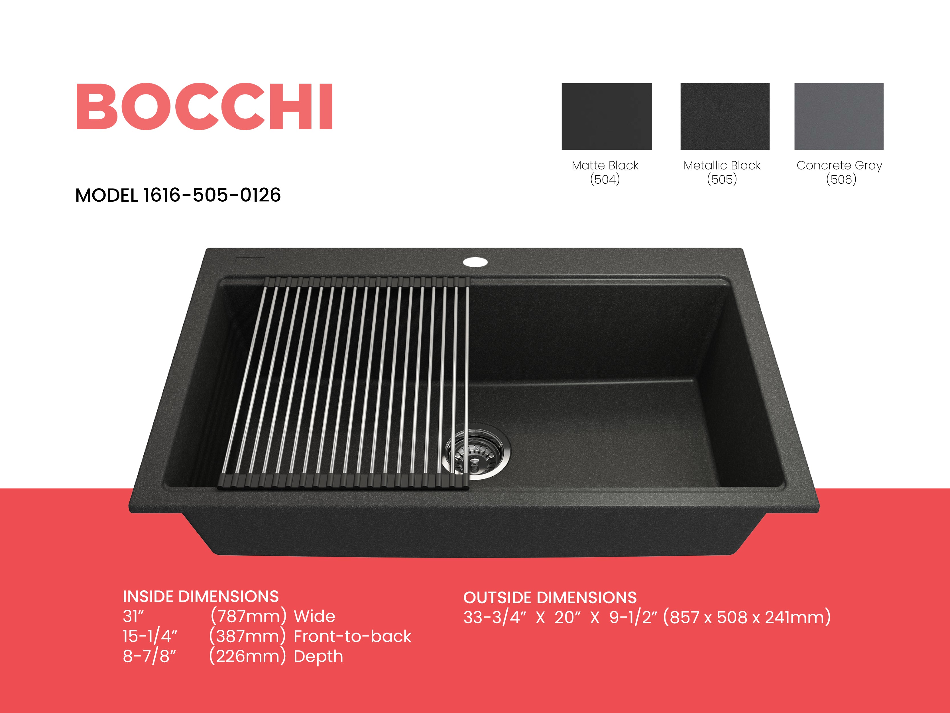 BOCCHI Baveno Lux 33" Dual Mount Granite Workstation Kitchen Sink Kit with Accessories, Metallic Black, 1616-505-0126