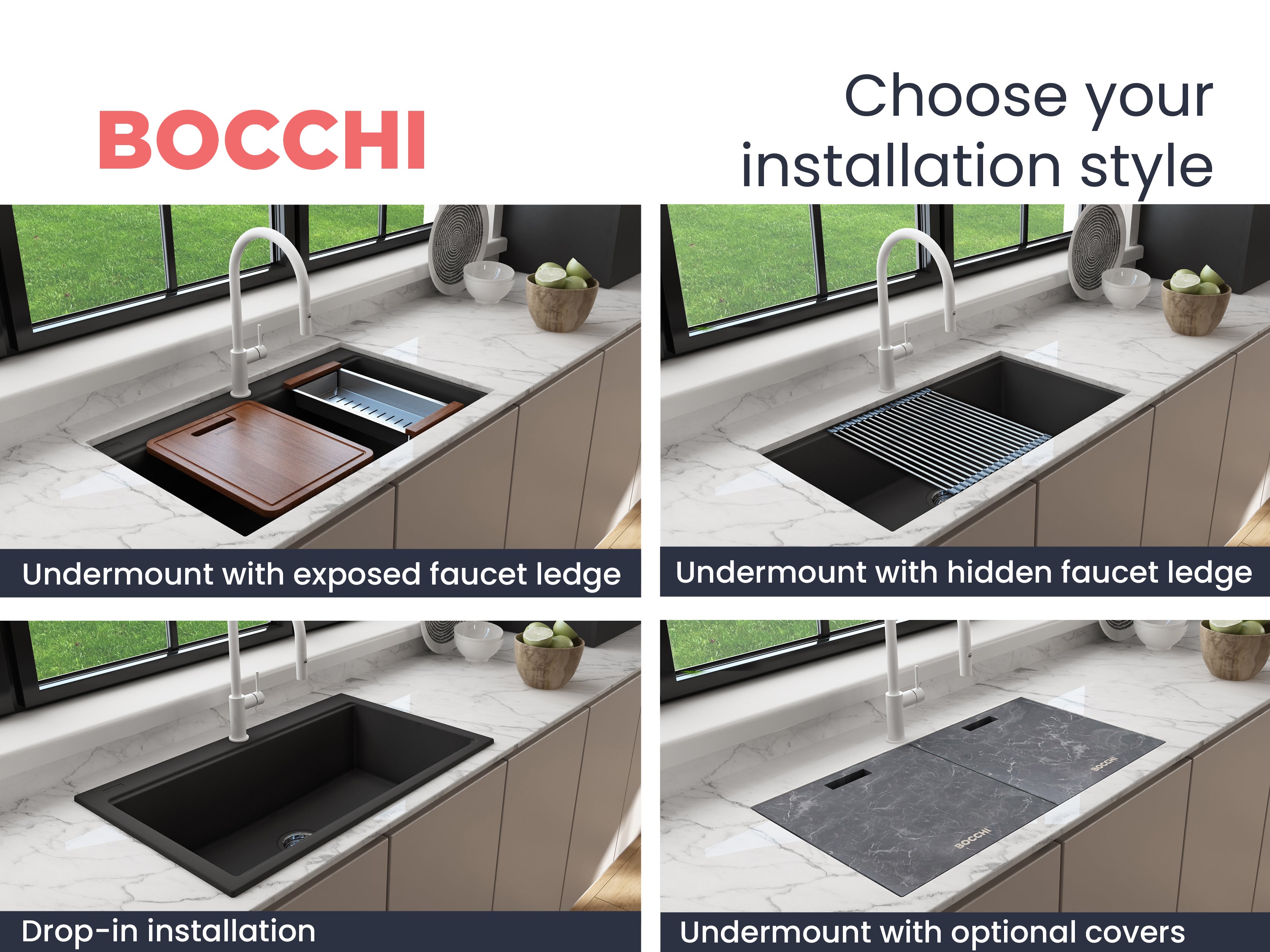 BOCCHI Baveno Lux 33" Dual Mount Granite Workstation Kitchen Sink Kit with Accessories, Metallic Black, 1616-505-0126