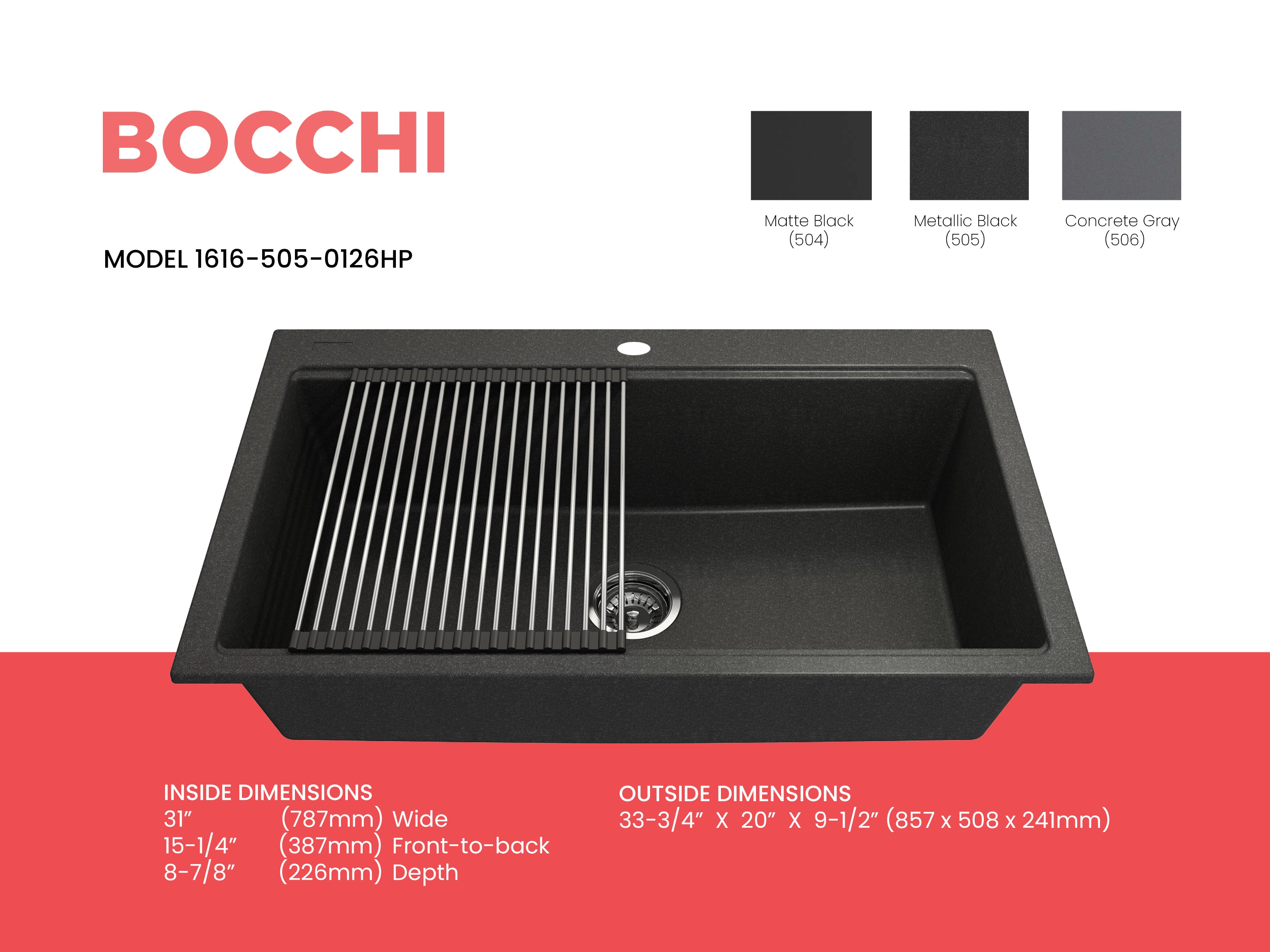 BOCCHI Baveno Lux 33" Dual Mount Granite Workstation Kitchen Sink Kit with Accessories, Metallic Black, 1616-505-0126HP
