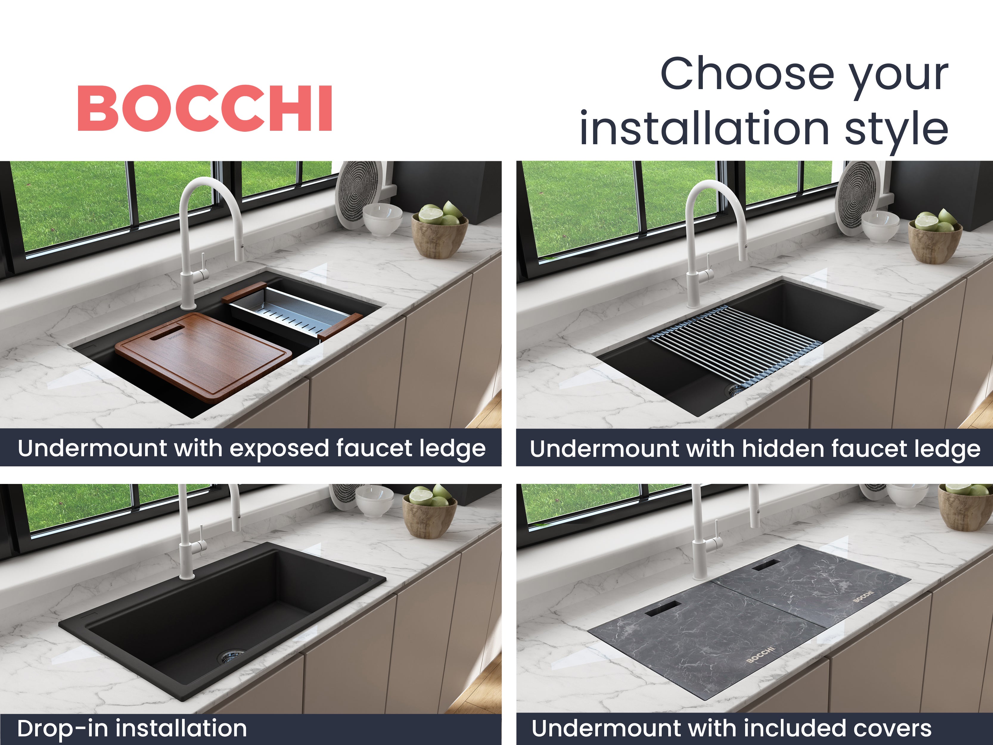 BOCCHI Baveno Lux 33" Dual Mount Granite Workstation Kitchen Sink Kit with Accessories, Metallic Black, 1616-505-0126HP