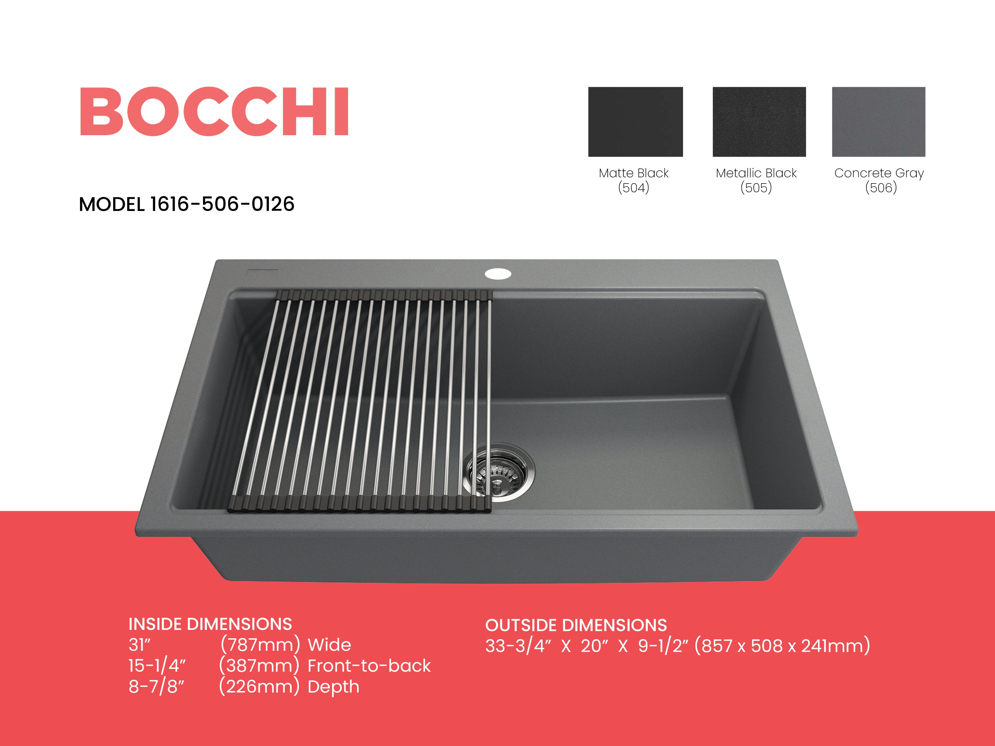 BOCCHI Baveno Lux 33" Dual Mount Granite Workstation Kitchen Sink Kit with Accessories, Concrete Gray, 1616-506-0126
