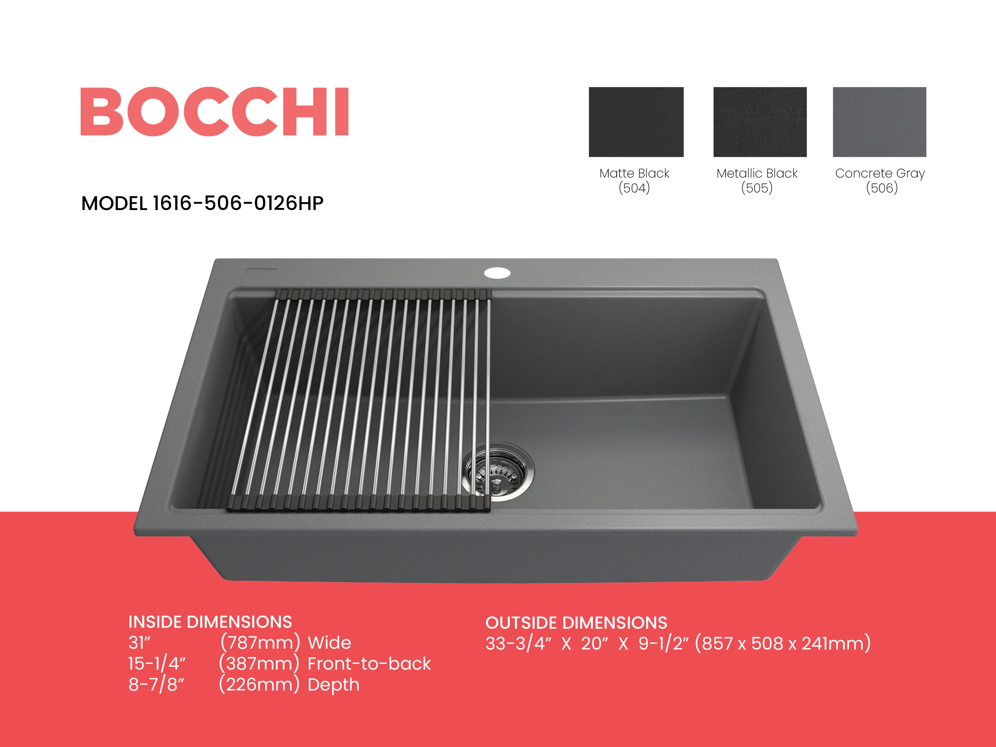 BOCCHI Baveno Lux 33" Dual Mount Granite Workstation Kitchen Sink Kit with Accessories, Concrete Gray, 1616-506-0126HP