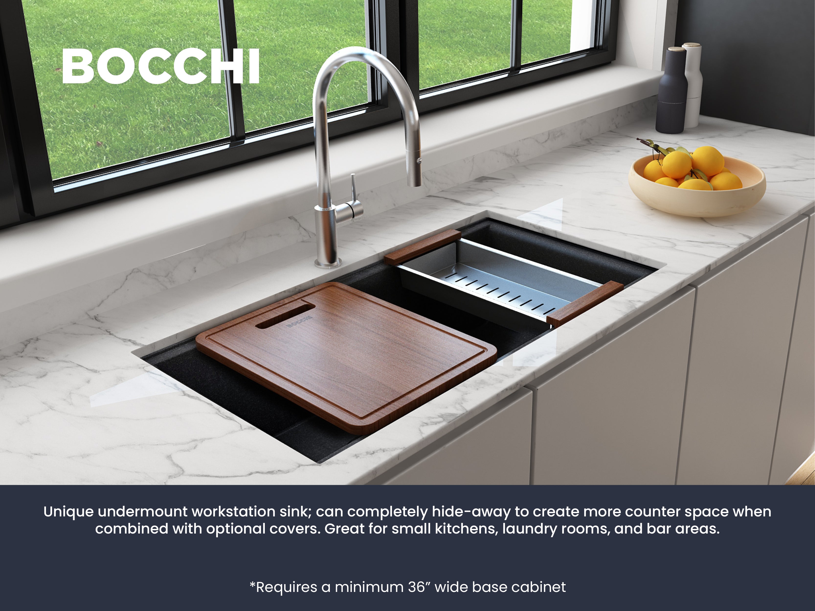 BOCCHI Baveno Lux 34" Undermount Granite Workstation Kitchen Sink Kit with Accessories, 50/50 Double Bowl, Metallic Black, 1618-505-0126
