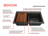 BOCCHI Baveno Lux 34" Undermount Granite Workstation Kitchen Sink Kit with Accessories, 50/50 Double Bowl, Metallic Black, 1618-505-0126HP