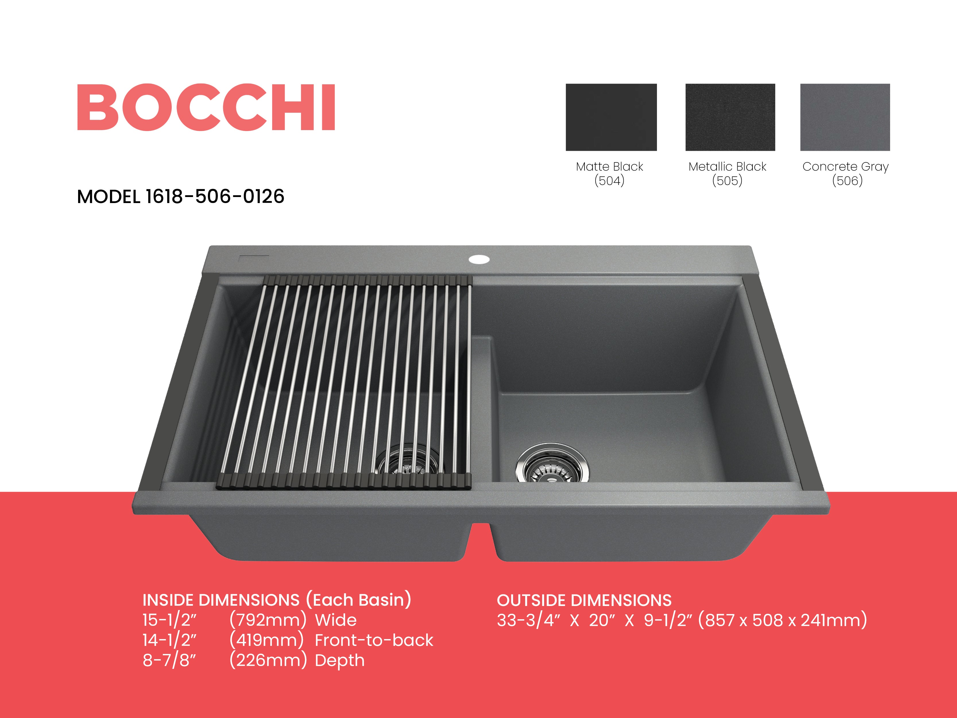 BOCCHI Baveno Lux 34" Undermount Granite Workstation Kitchen Sink Kit with Accessories, 50/50 Double Bowl, Concrete Gray, 1618-506-0126