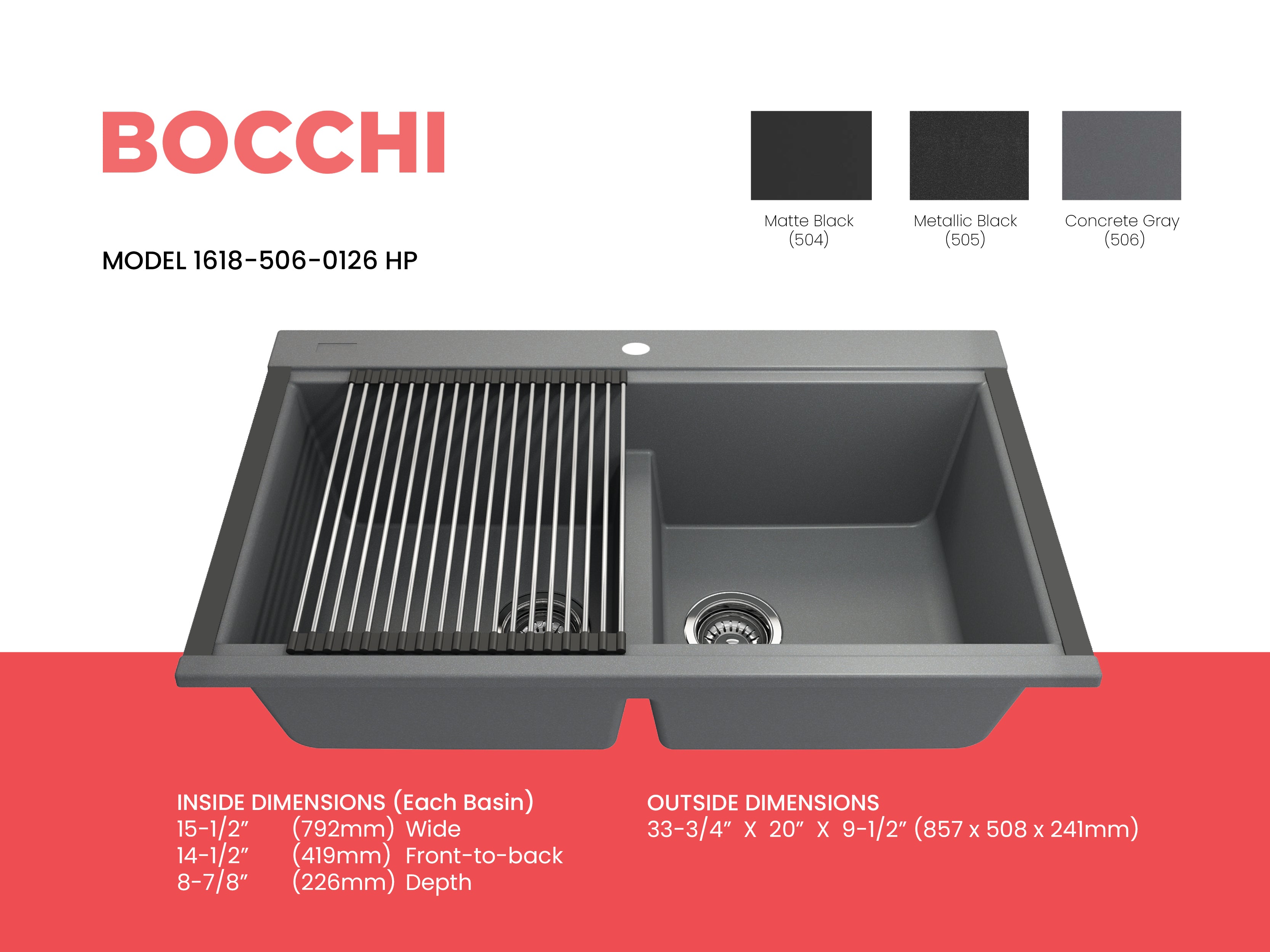 BOCCHI Baveno Lux 34" Undermount Granite Workstation Kitchen Sink Kit with Accessories, 50/50 Double Bowl, Concrete Gray, 1618-506-0126HP