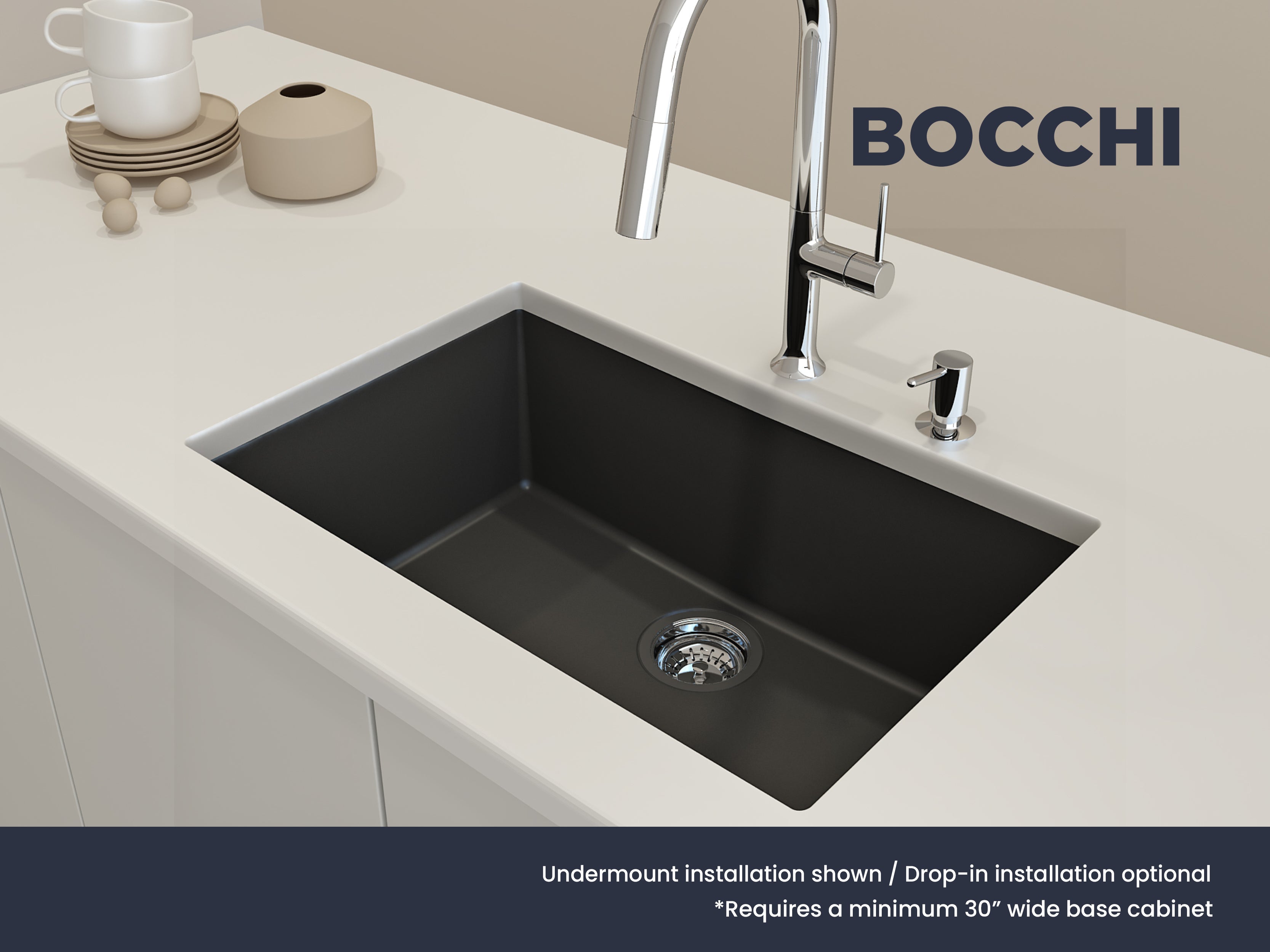 BOCCHI Campino Uno 27" Dual Mount Granite Kitchen Sink Kit, Matte Black, 1634-504-0126