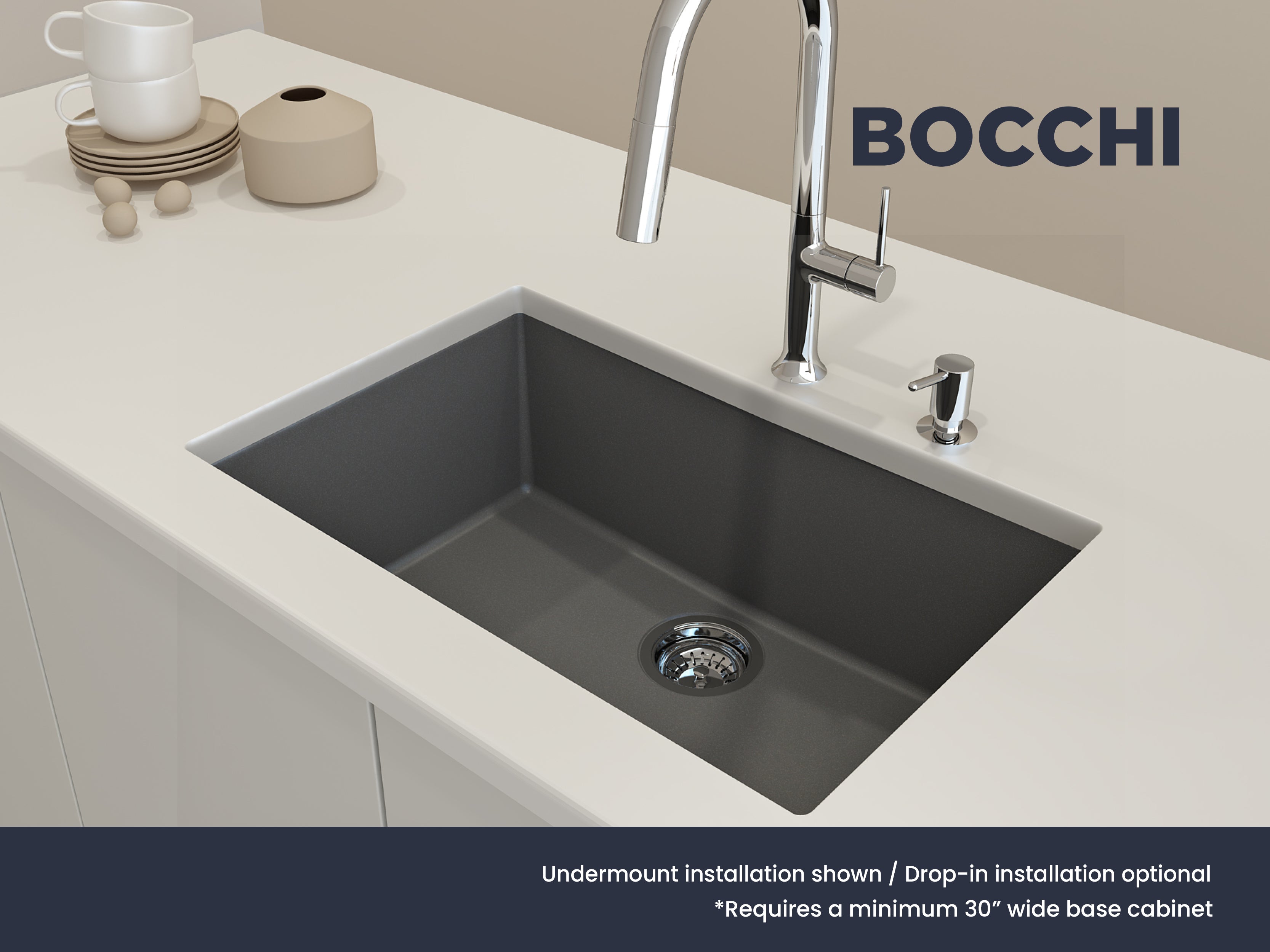 BOCCHI Campino Uno 27" Dual Mount Granite Kitchen Sink Kit, Concrete Gray, 1634-506-0126