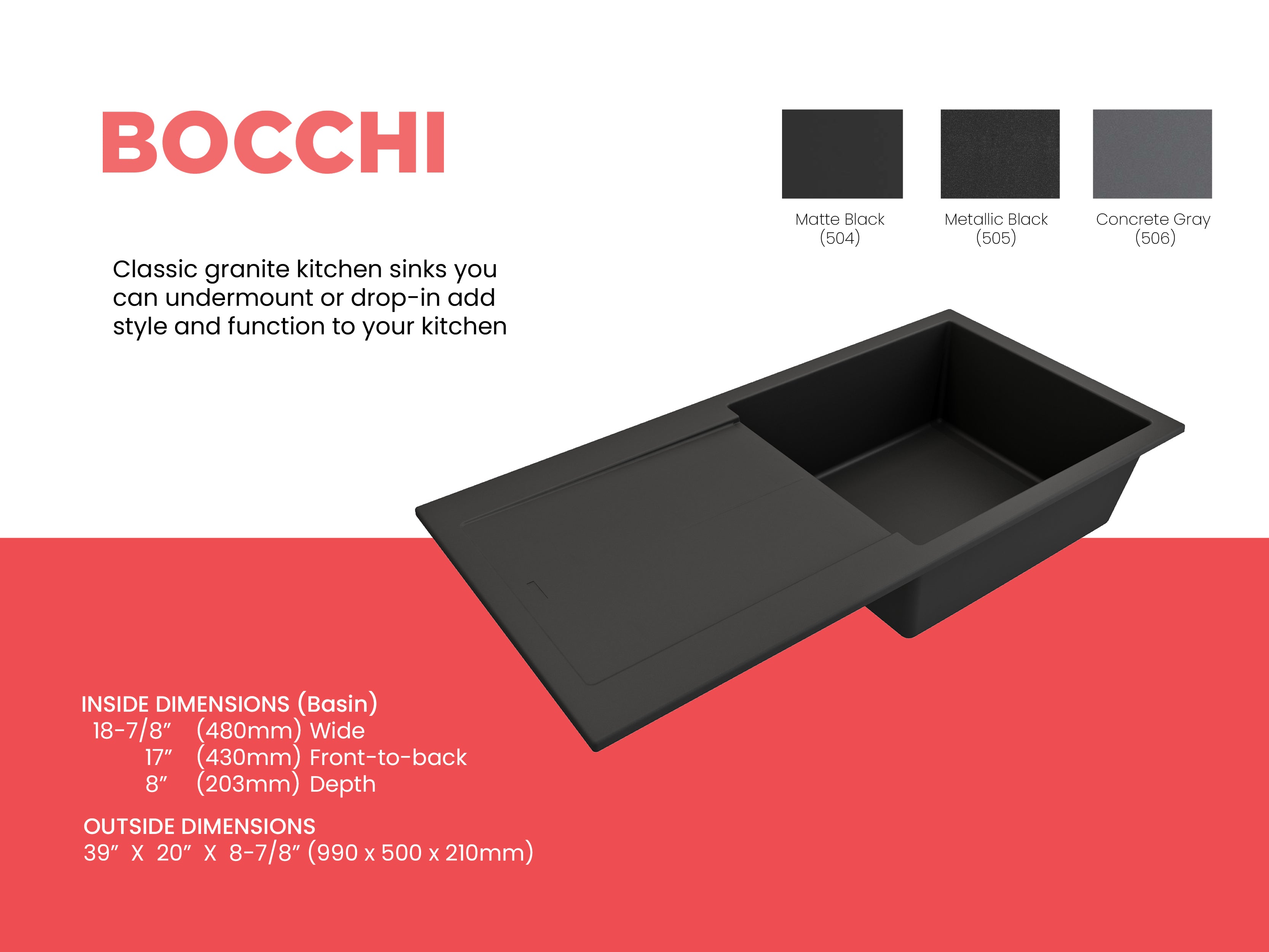 BOCCHI Levanzo 39" Dual Mount Granite Kitchen Sink Kit, Matte Black, Includes Drainboard, 1635-504-0120