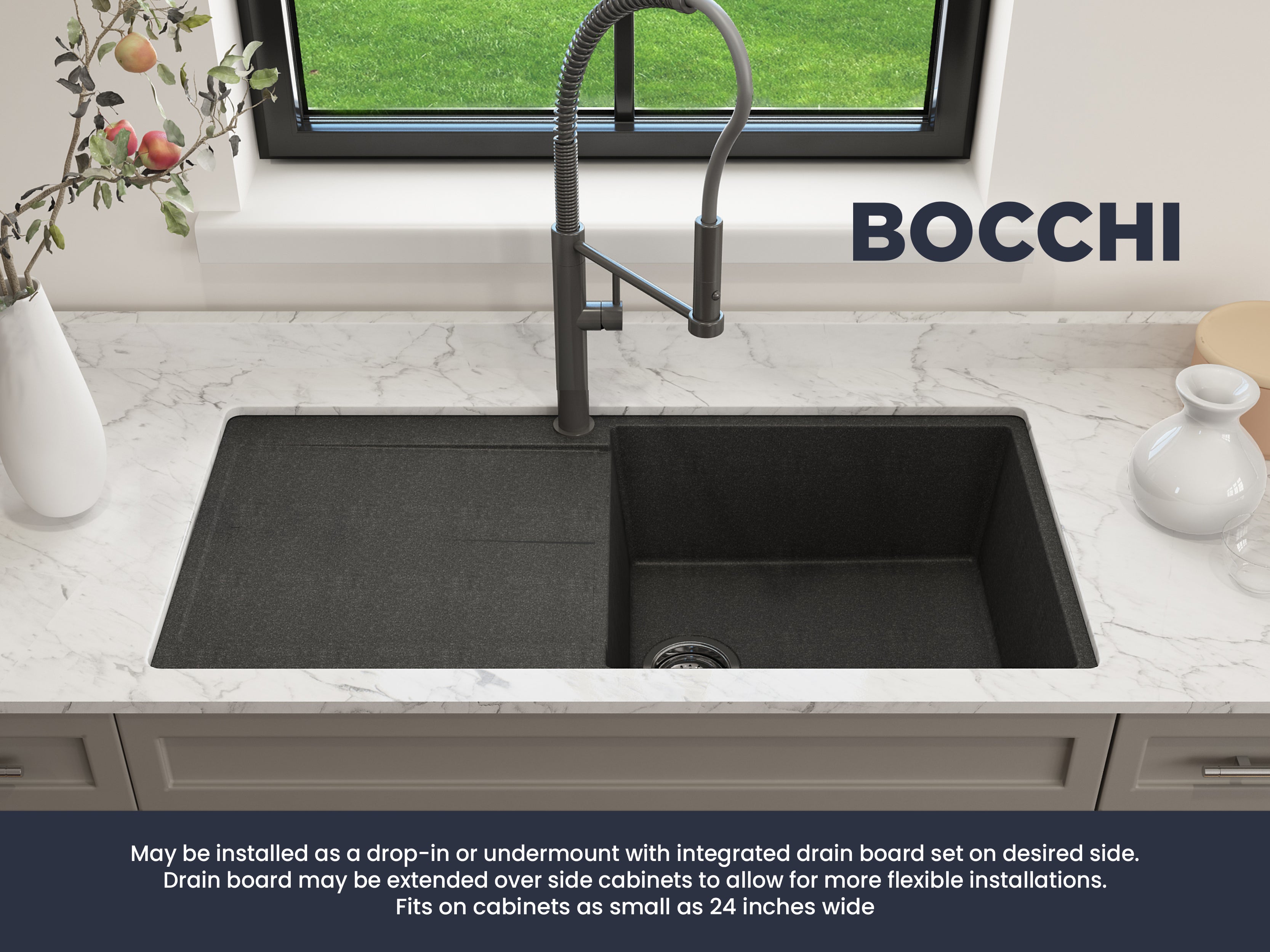 BOCCHI Levanzo 39" Dual Mount Granite Kitchen Sink Kit, Metallic Black, Includes Drainboard, 1635-505-0120