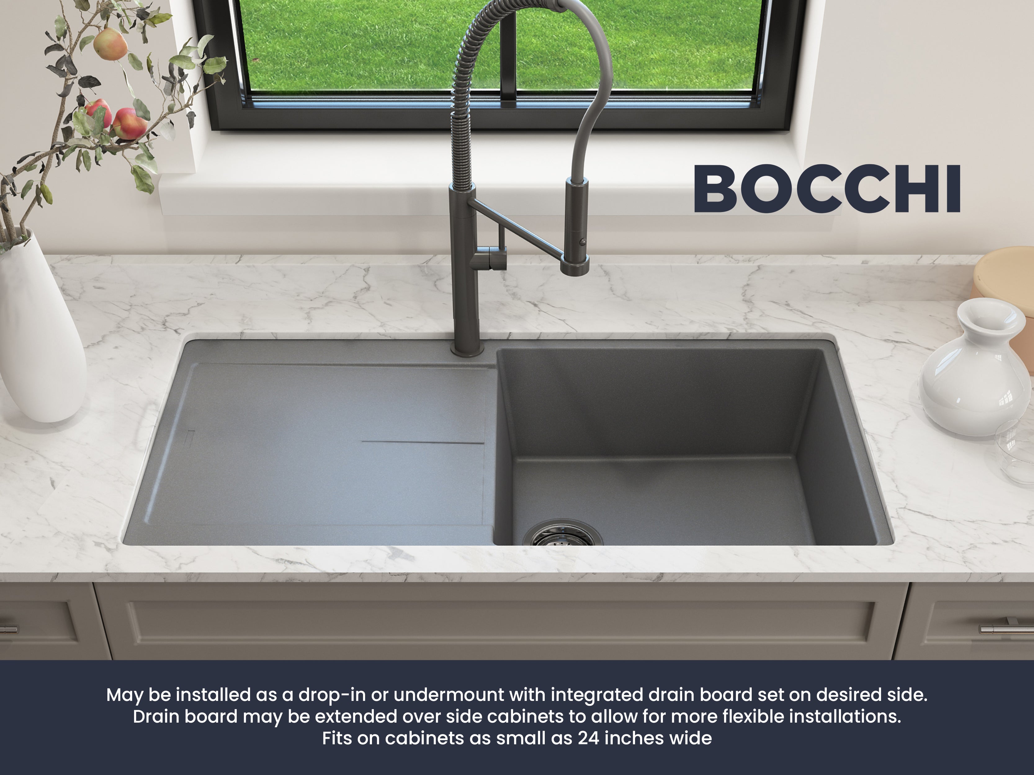 BOCCHI Levanzo 39" Dual Mount Granite Kitchen Sink Kit, Concrete Gray, Includes Drainboard, 1635-506-0120
