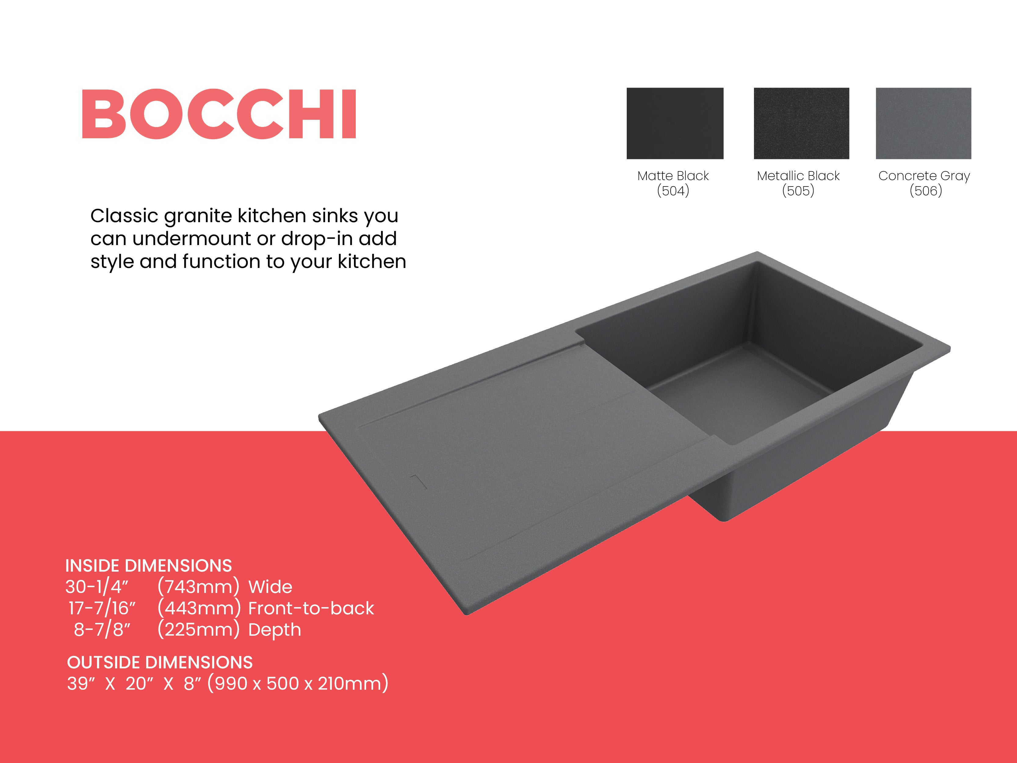 BOCCHI Levanzo 39" Dual Mount Granite Kitchen Sink Kit, Concrete Gray, Includes Drainboard, 1635-506-0120