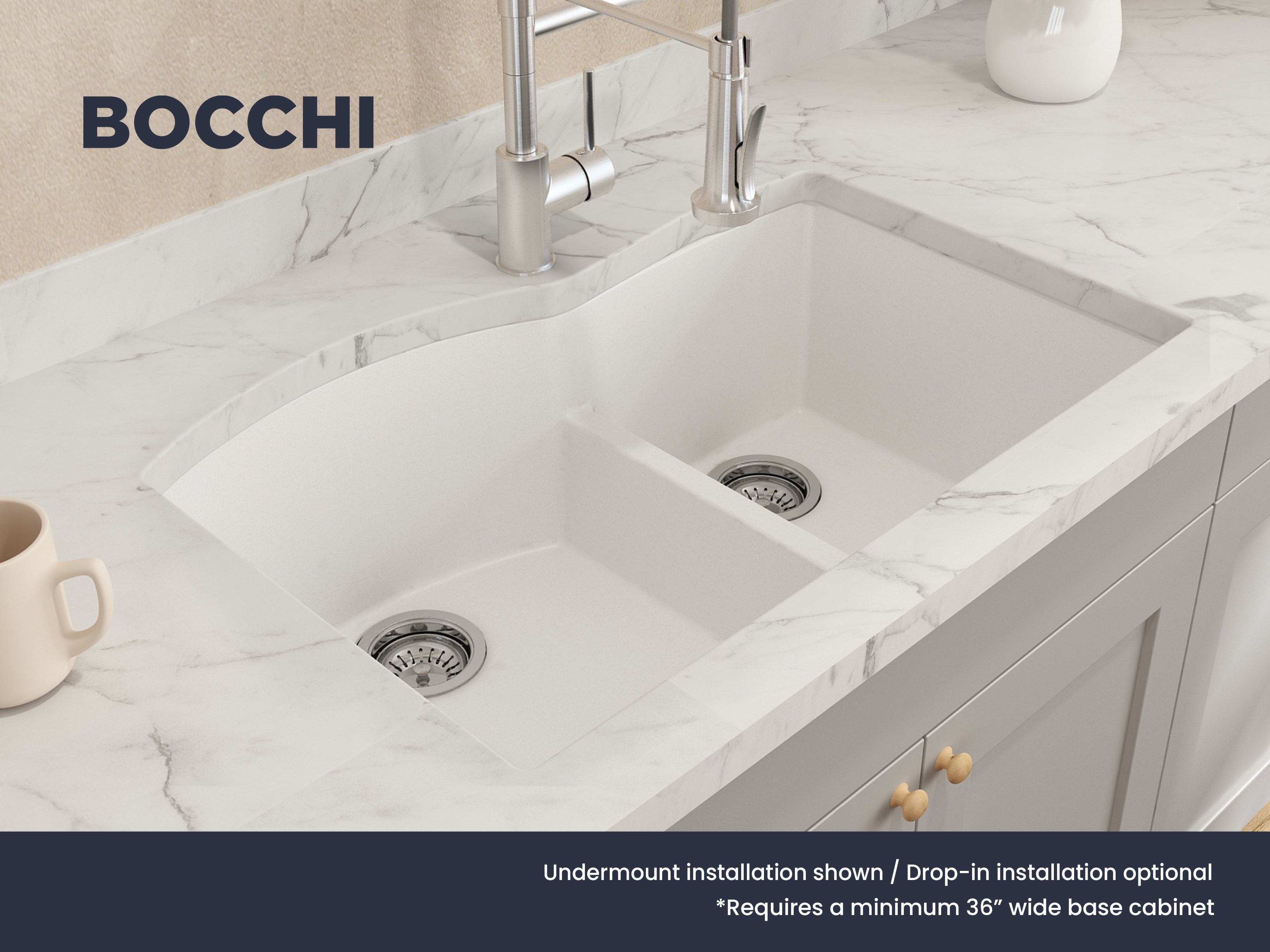BOCCHI Campino Duo 33" Dual Mount Granite Kitchen Sink Kit with Accessories, 60/40 Double Bowl, Milk White, 1602-507-0126