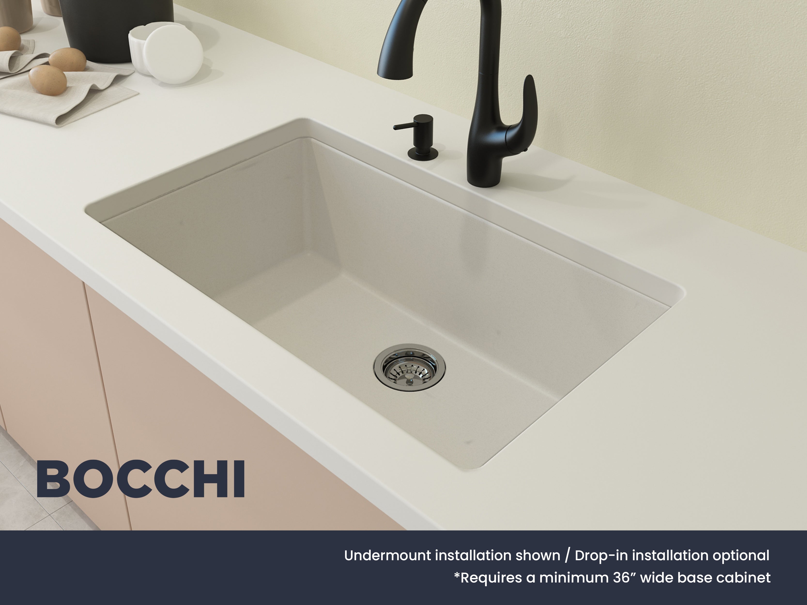 BOCCHI Campino Uno 33" Dual Mount Granite Kitchen Sink Kit with Accessories, Milk White, 1604-507-0126