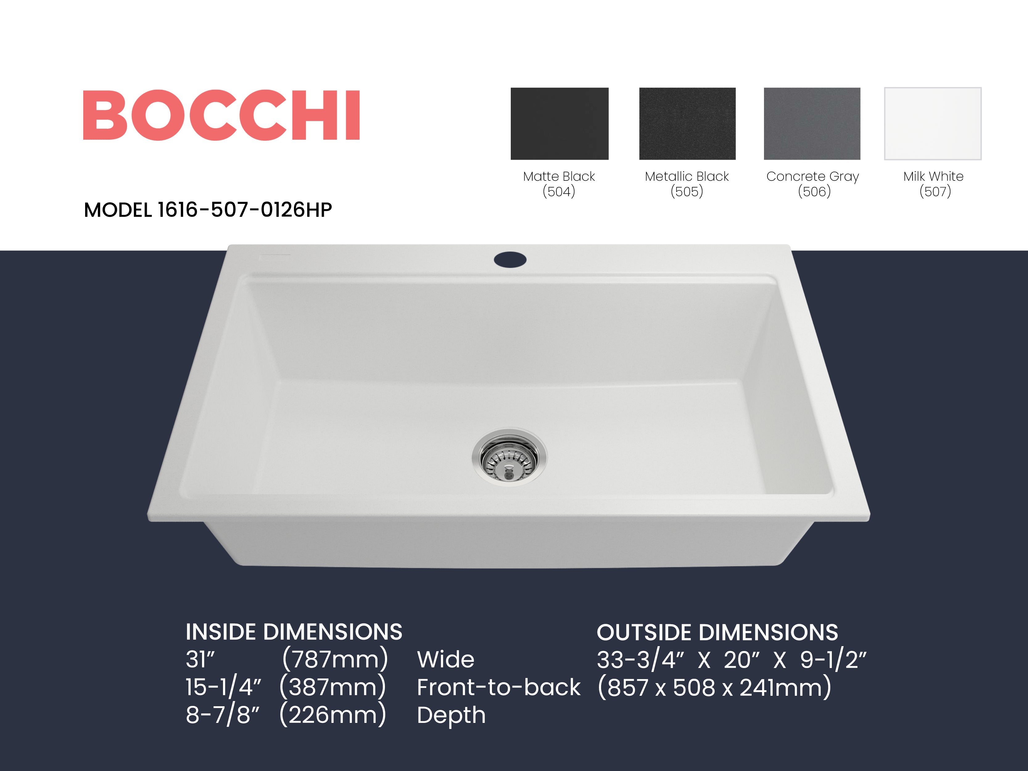BOCCHI Baveno Lux 34" Dual Mount Granite Workstation Kitchen Sink Kit with Accessories, Milk White, 1616-507-0126HP