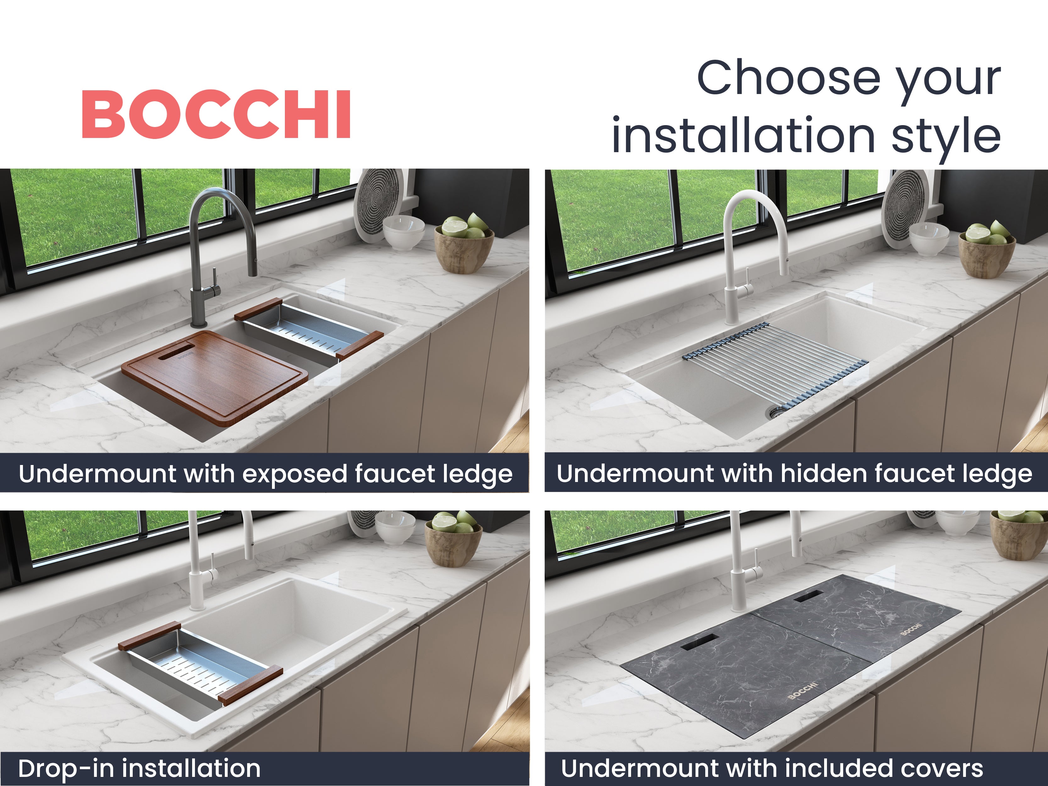 BOCCHI Baveno Lux 34" Dual Mount Granite Workstation Kitchen Sink Kit with Accessories, Milk White, 1616-507-0126HP