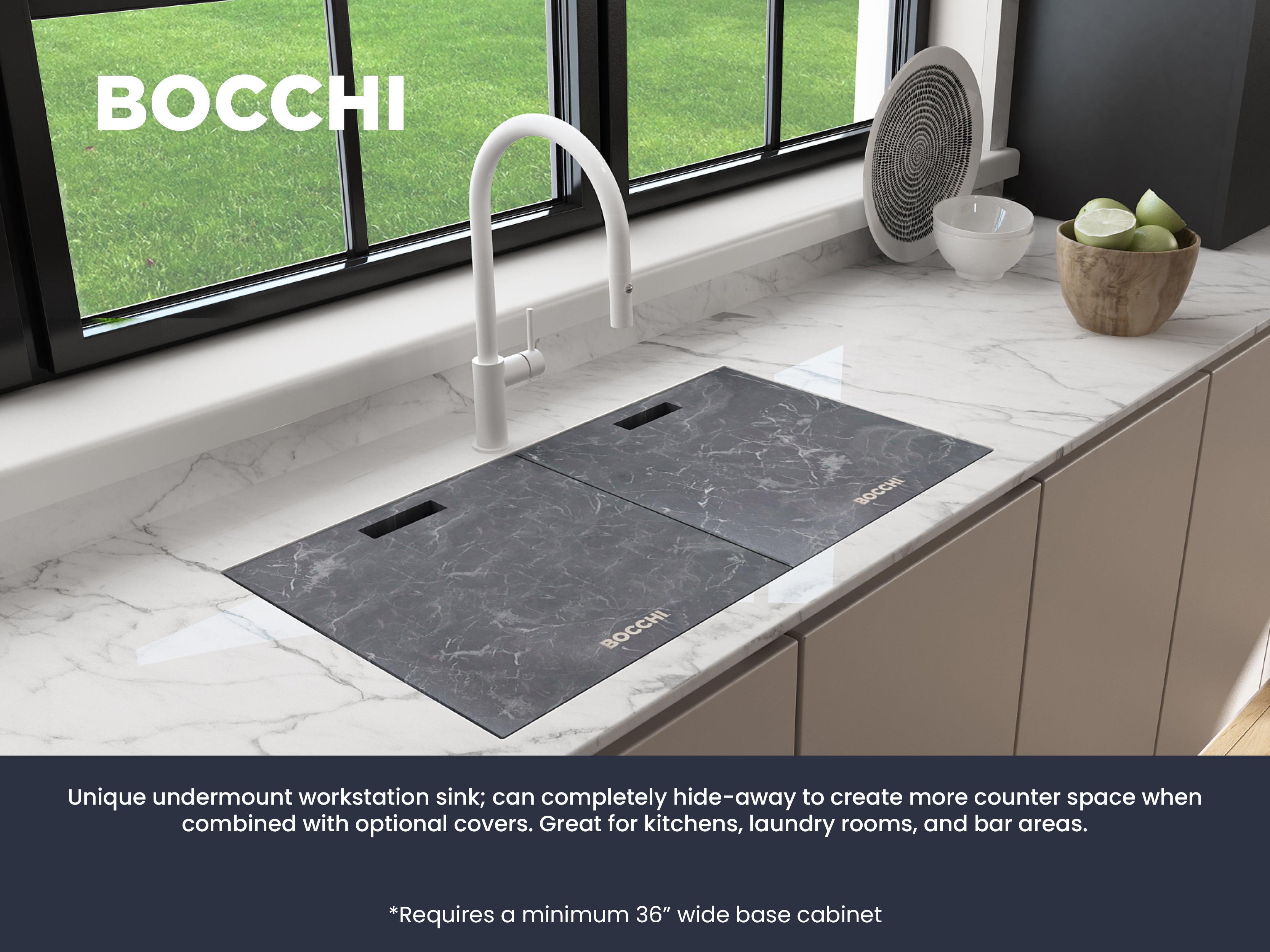 BOCCHI Baveno Lux 34" Undermount Granite Workstation Kitchen Sink Kit with Accessories, 50/50 Double Bowl, Milk White, 1618-507-0126HP
