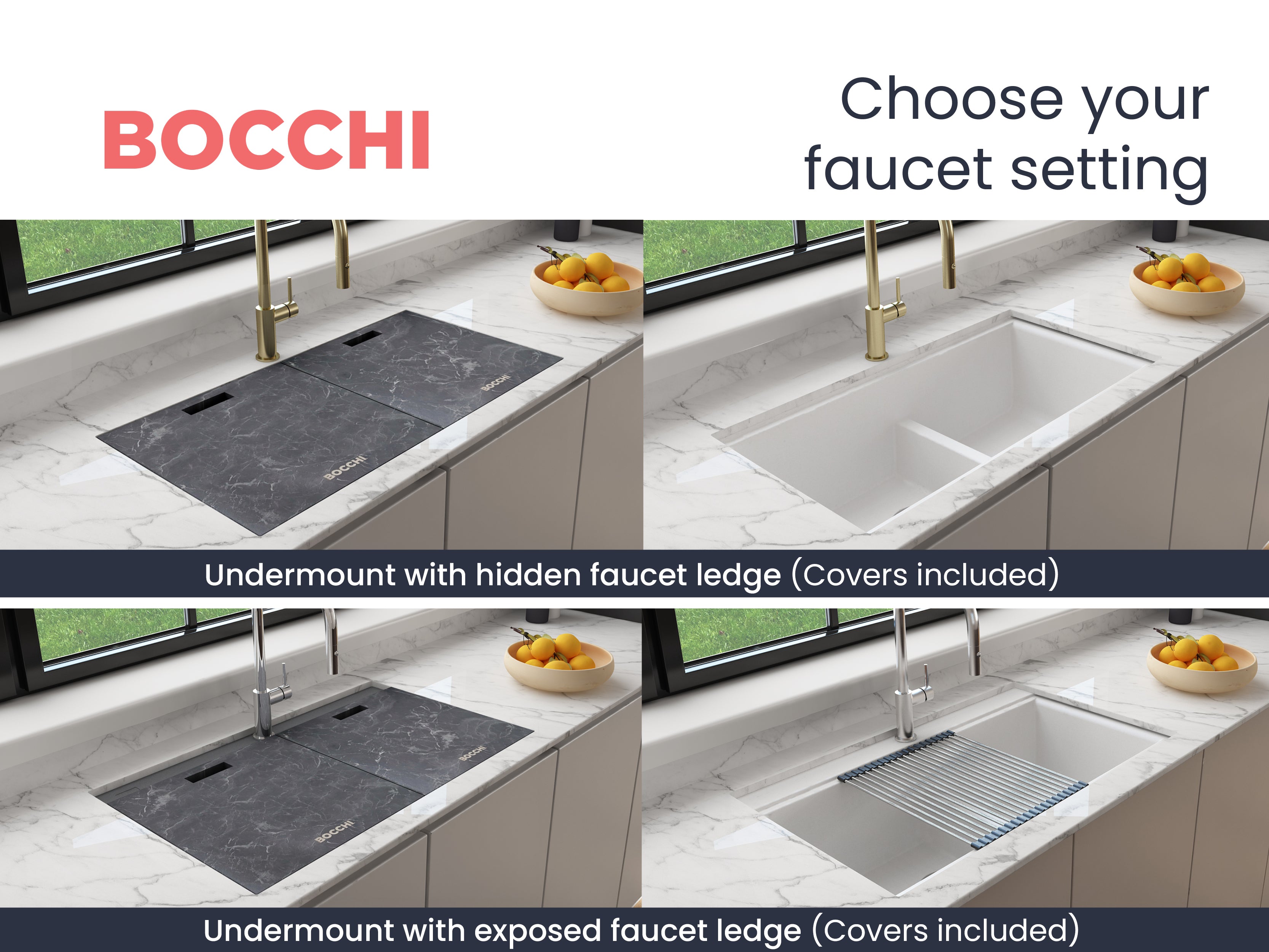 BOCCHI Baveno Lux 34" Undermount Granite Workstation Kitchen Sink Kit with Accessories, 50/50 Double Bowl, Milk White, 1618-507-0126HP