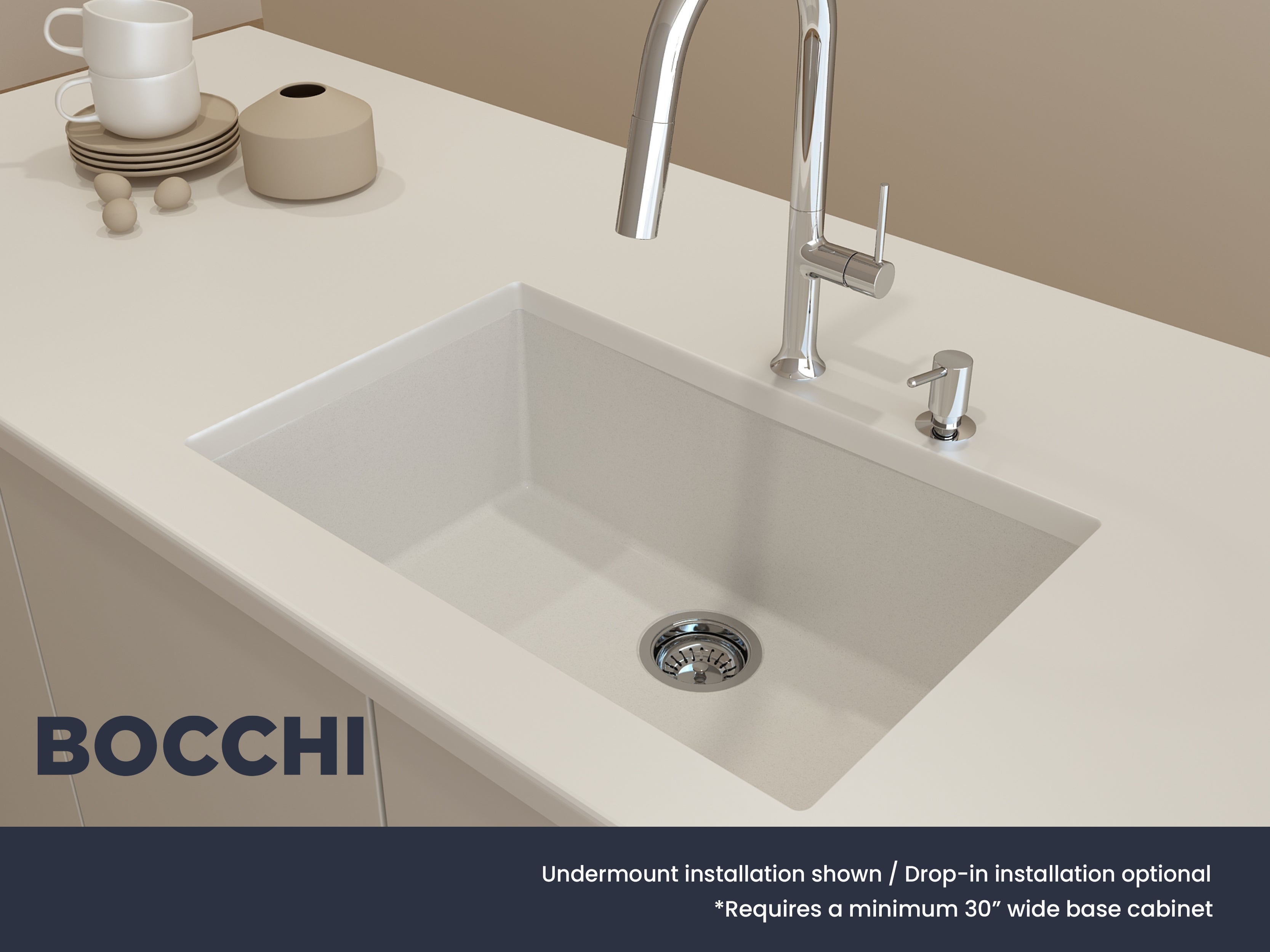 BOCCHI Campino Uno 27" Dual Mount Granite Kitchen Sink Kit, Milk White, 1634-507-0126