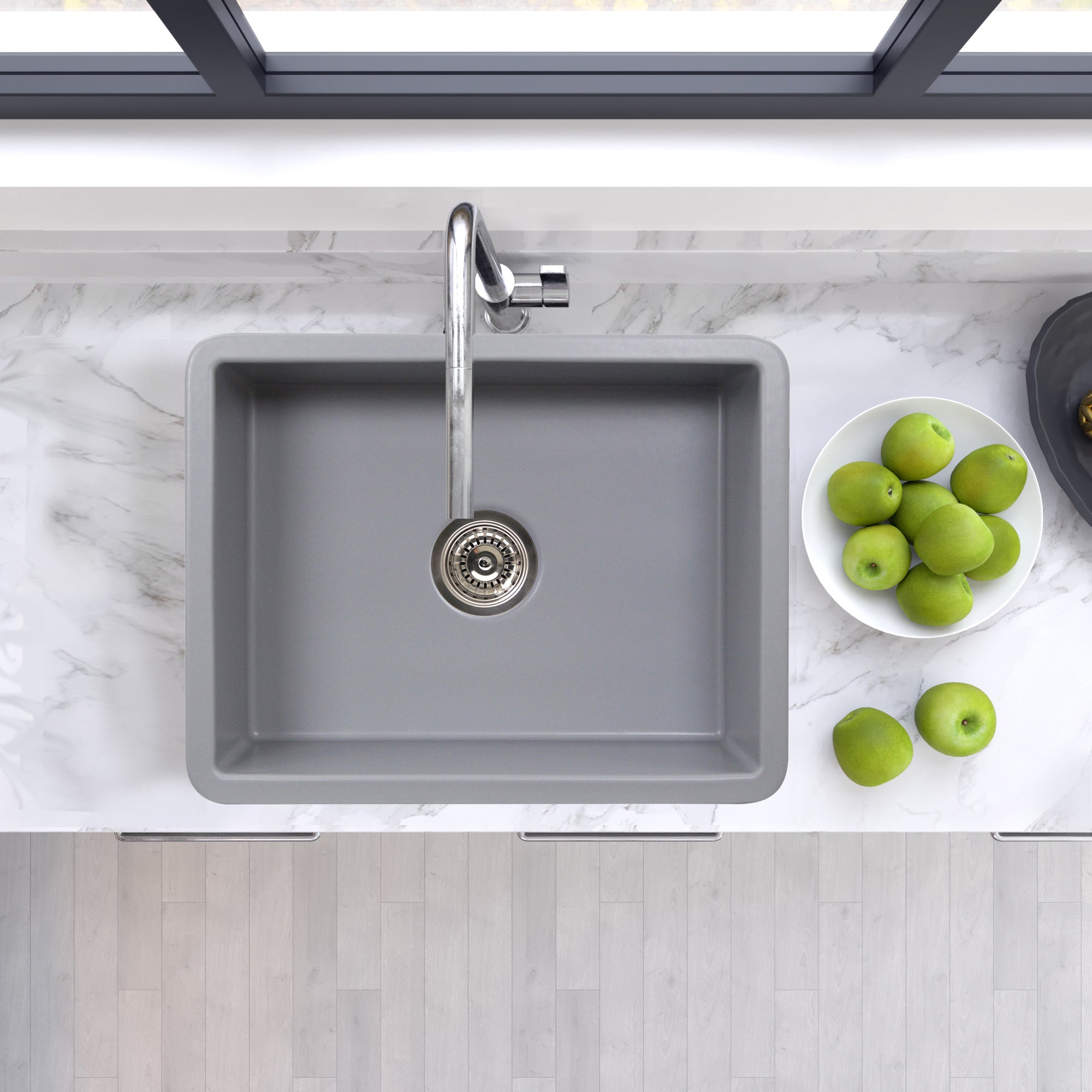 Nantucket Sinks Island 24" Dual Mount Fireclay Kitchen Sink with Accessories, Matte Grey, ISFC24GR-SB1
