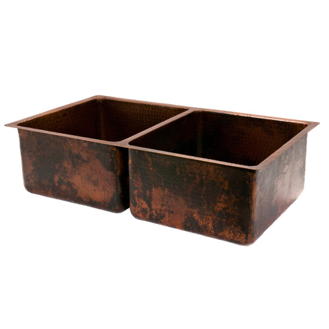 Premier Copper Products 33" Copper Kitchen Sink, 50/50 Double Bowl, Oil Rubbed Bronze, K50DB33199
