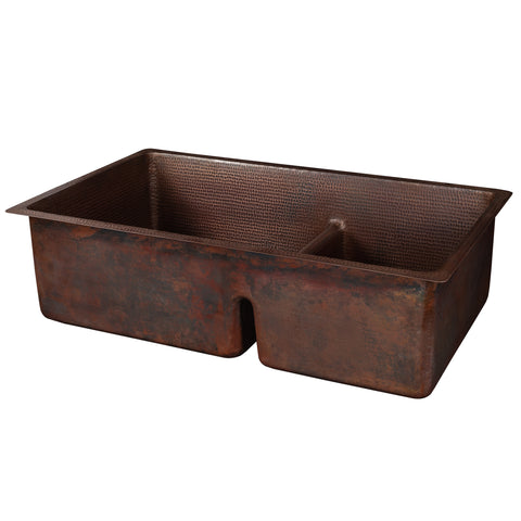 Premier Copper Products 33" Copper Kitchen Sink, 60/40 Double Bowl, Oil Rubbed Bronze, K60DB33199-SD5