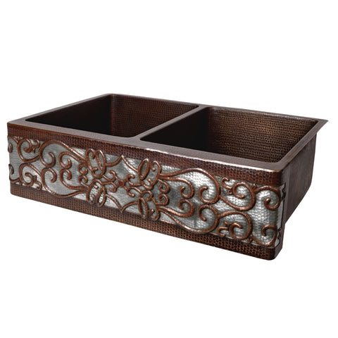 Premier Copper Products 33" Copper Farmhouse Sink, 50/50 Double Bowl, Oil Rubbed Bronze and Nickel, KA50DB33229S-NB