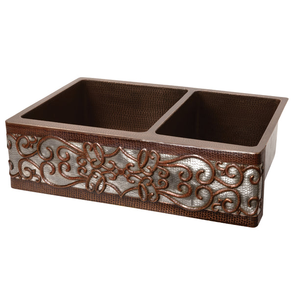 Premier Copper Products 33" Copper Farmhouse Sink, 60/40 Double Bowl, Oil Rubbed Bronze and Nickel, KA60DB33229S-NB
