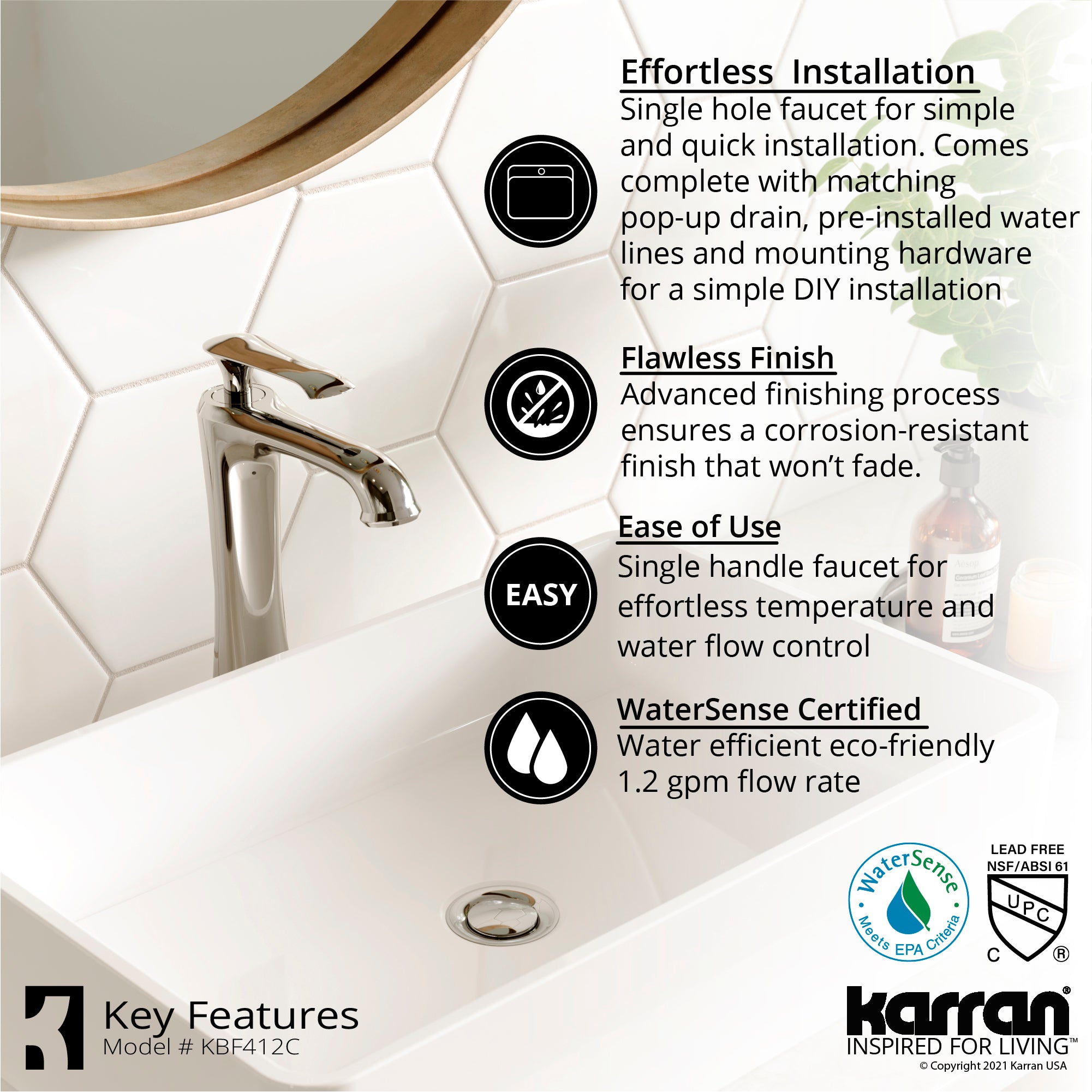 Karran Woodburn 1.2 GPM Single Lever Handle Lead-free Brass ADA Bathroom Faucet, Vessel, Chrome, KBF412C