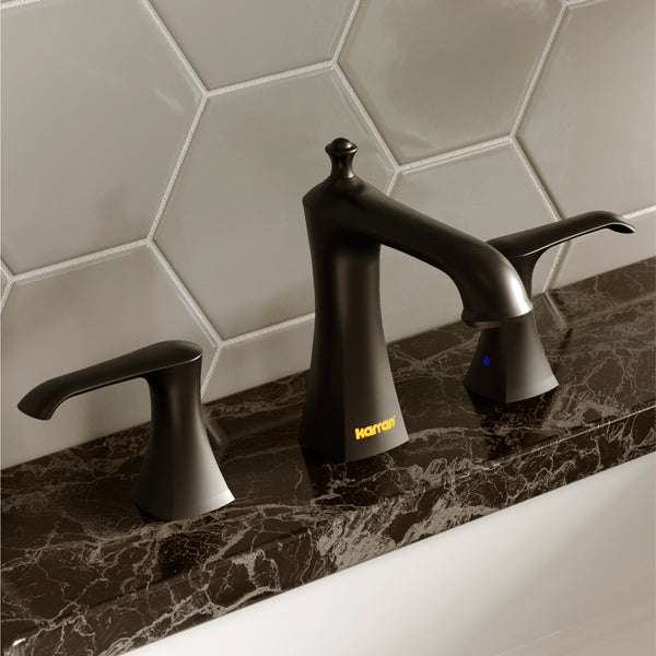 Karran Woodburn 1.2 GPM Double Lever Handle Lead-free Brass ADA Bathroom Faucet, Widespread, Matte Black, KBF414MB