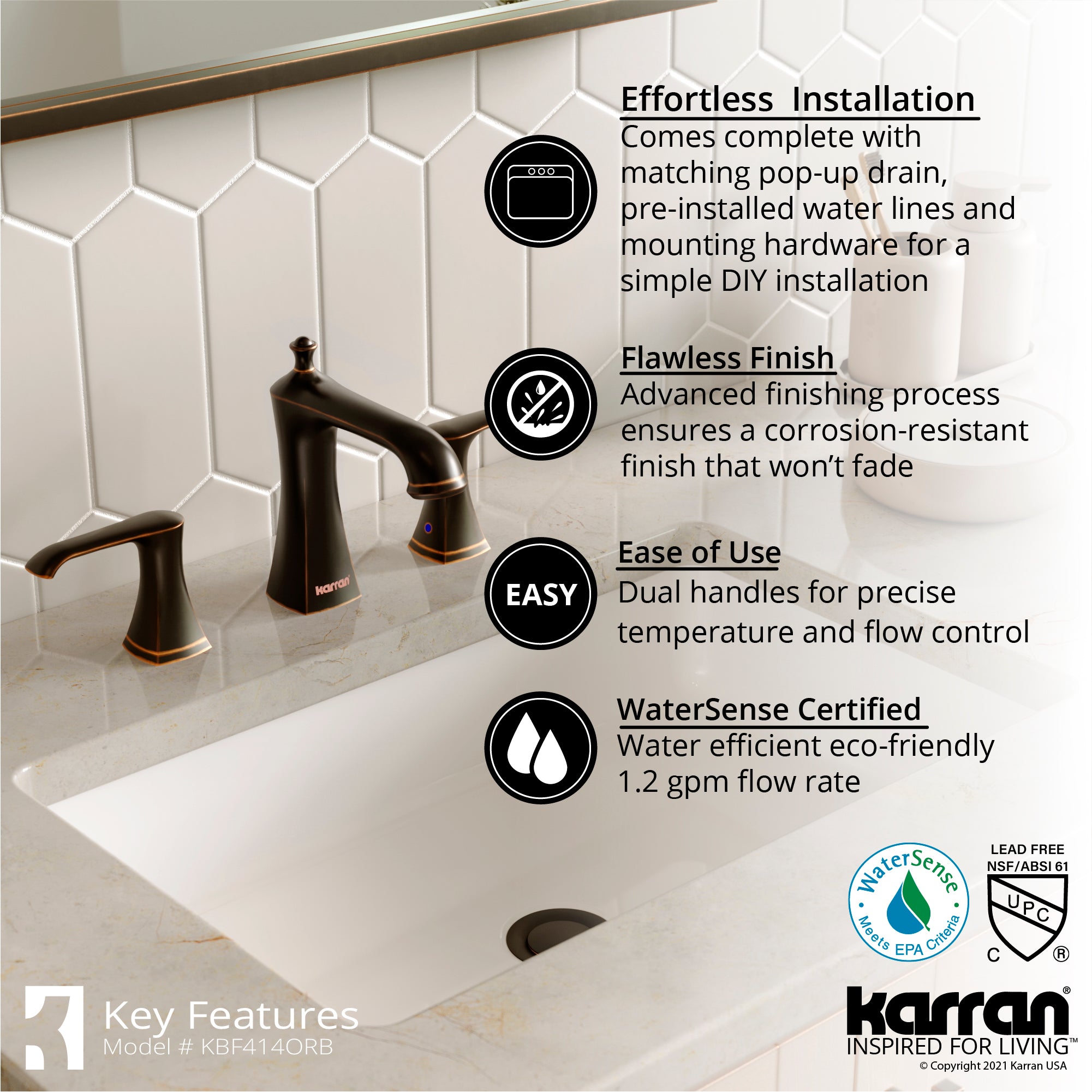 Karran Woodburn 1.2 GPM Double Lever Handle Lead-free Brass ADA Bathroom Faucet, Widespread, Oil Rubbed Bronze, KBF414ORB