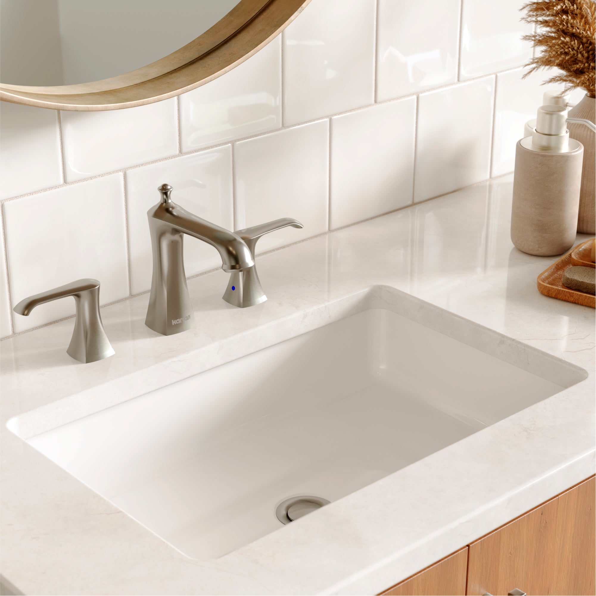 Karran Woodburn 1.2 GPM Double Lever Handle Lead-free Brass ADA Bathroom Faucet, Widespread, Stainless Steel, KBF414SS