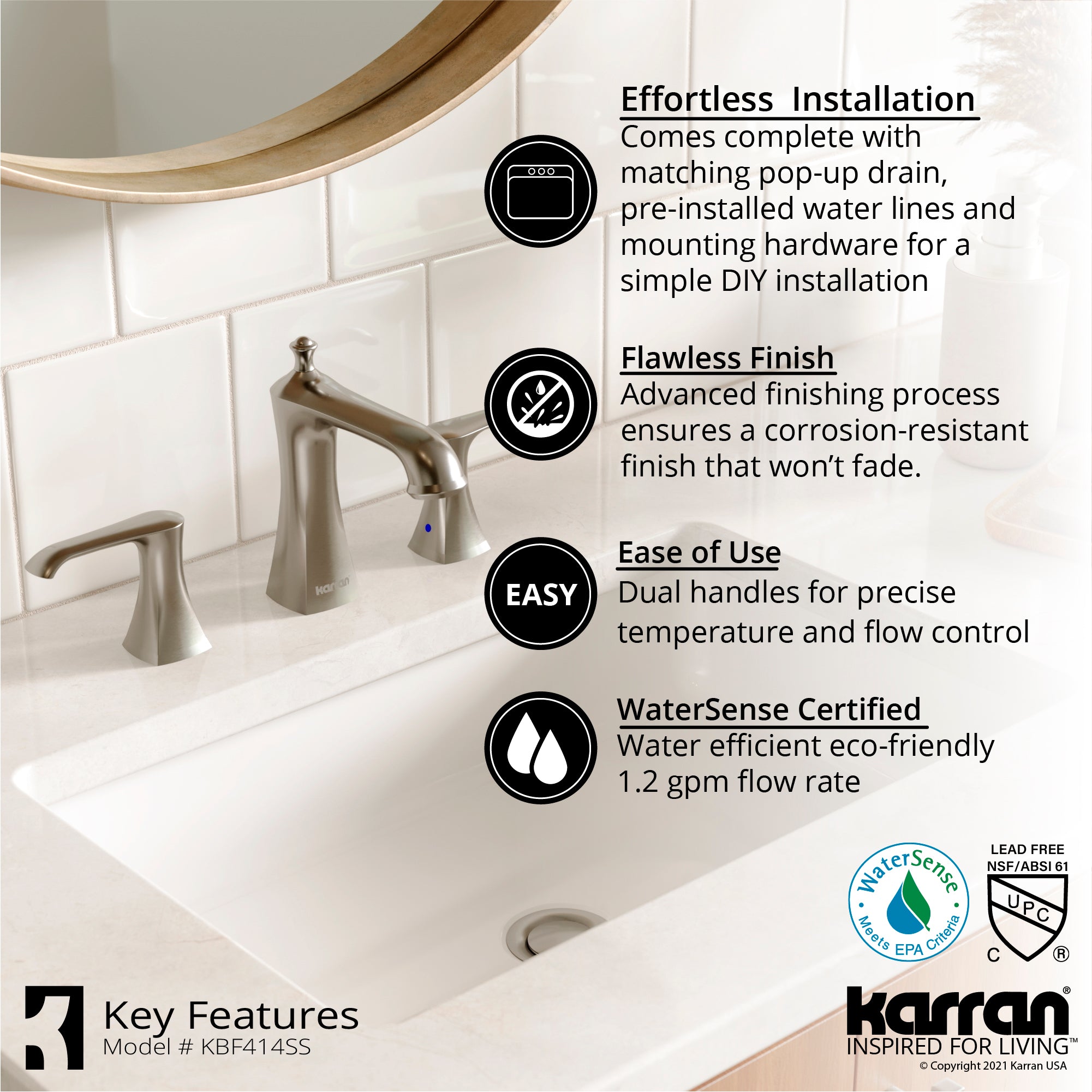 Karran Woodburn 1.2 GPM Double Lever Handle Lead-free Brass ADA Bathroom Faucet, Widespread, Stainless Steel, KBF414SS
