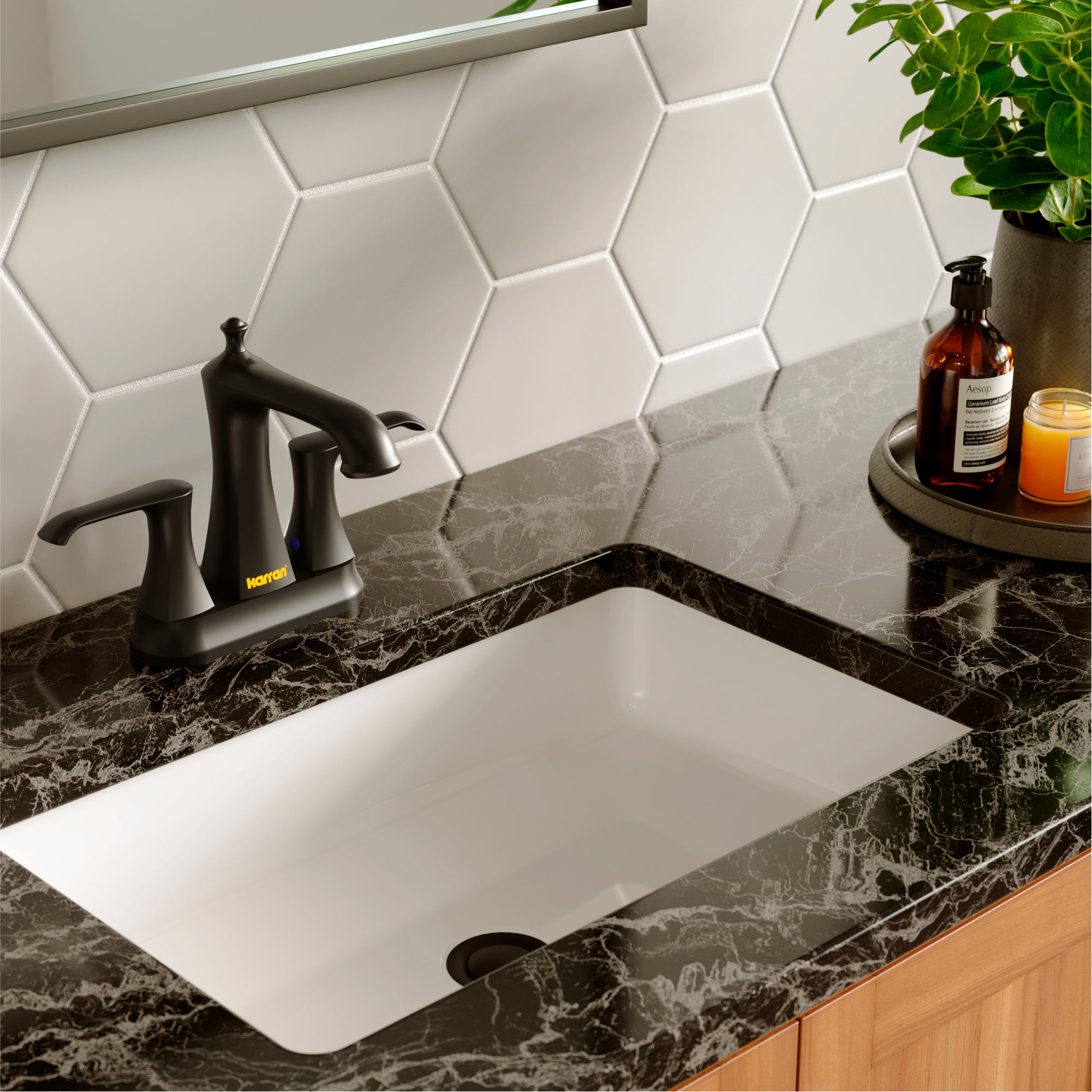 Karran Woodburn 1.2 GPM Double Lever Handle Lead-free Brass ADA Bathroom Faucet, Centerset, Matte Black, KBF416MB