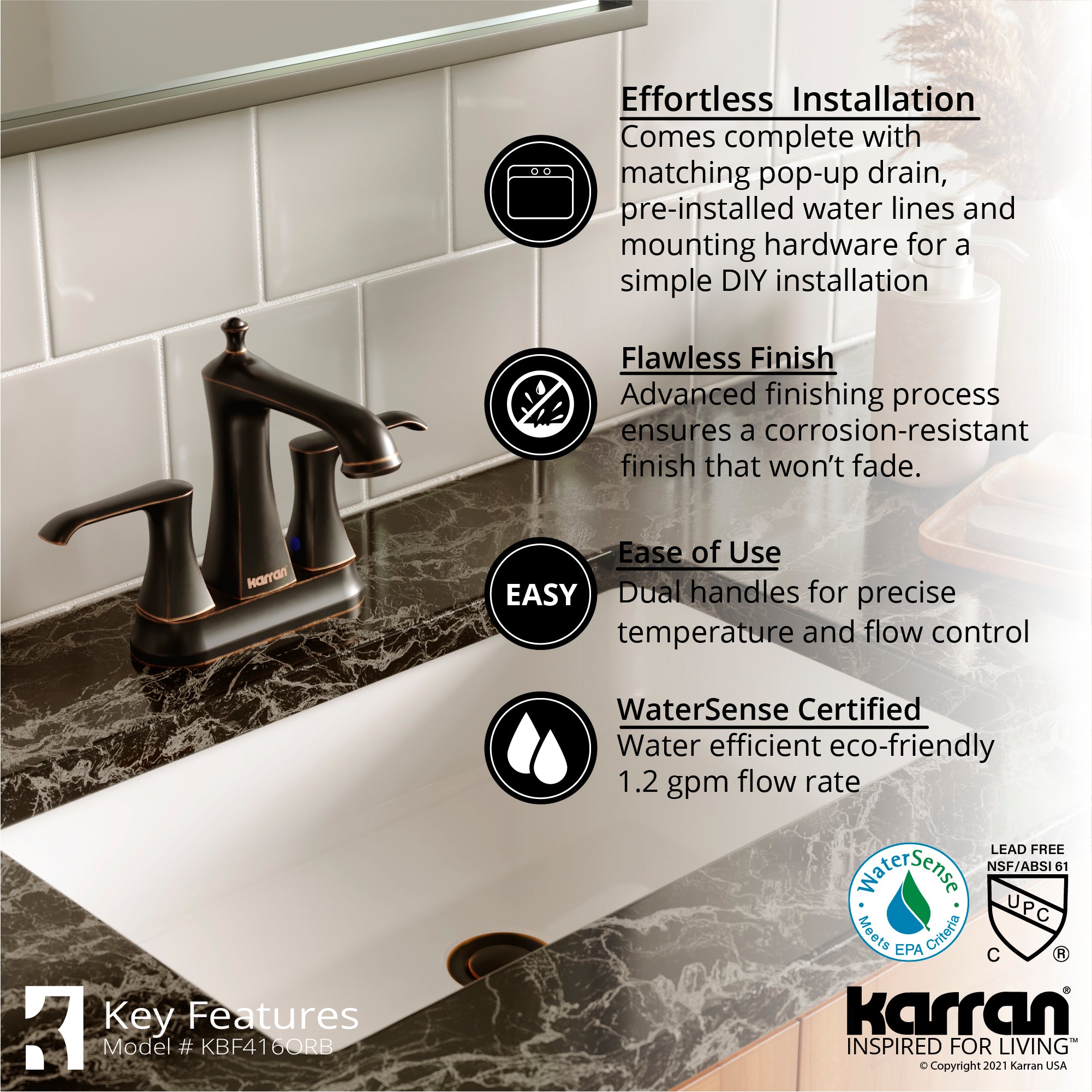 Karran Woodburn 1.2 GPM Double Lever Handle Lead-free Brass ADA Bathroom Faucet, Centerset, Oil Rubbed Bronze, KBF416ORB