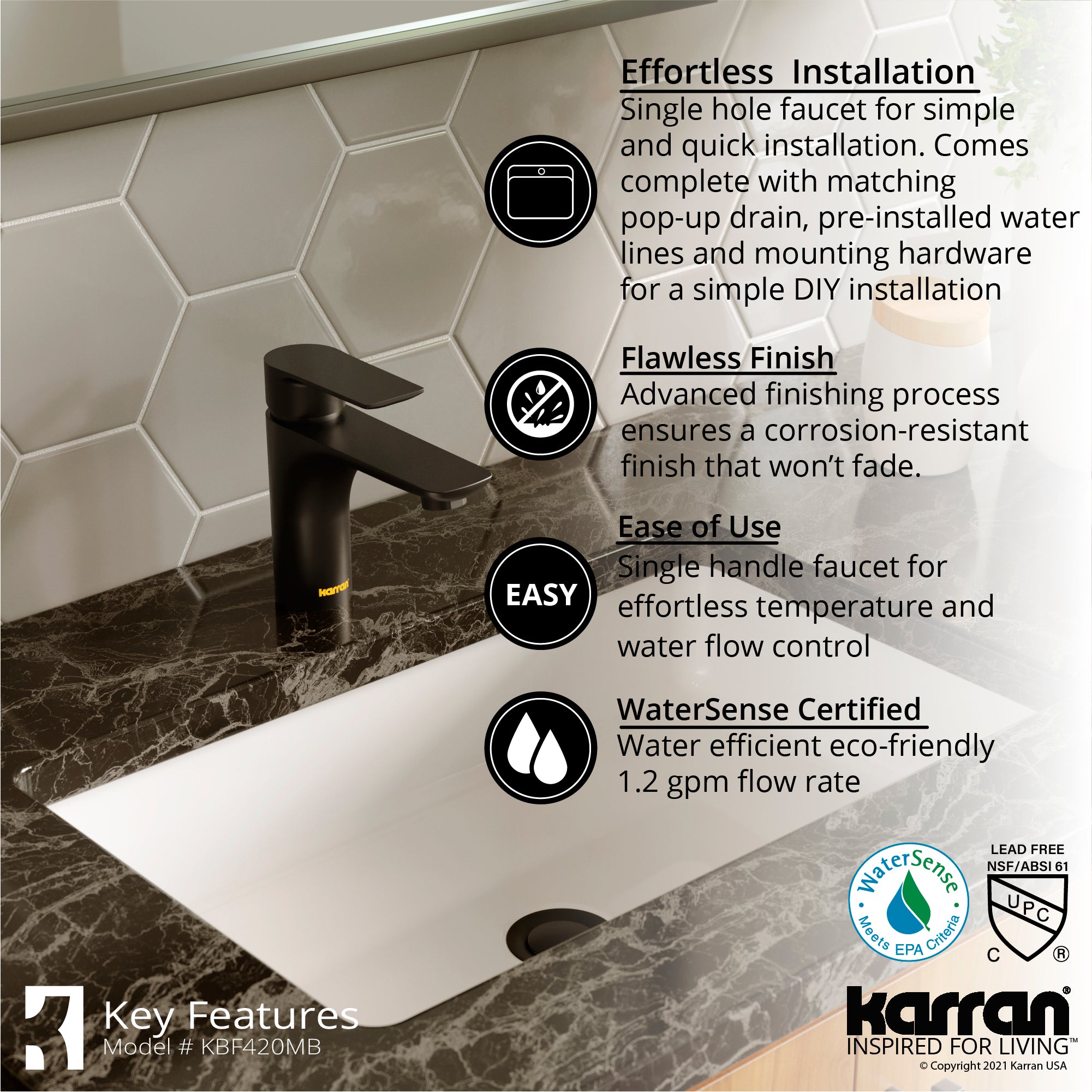 Karran Kayes 1.2 GPM Single Lever Handle Lead-free Brass ADA Bathroom Faucet, Basin, Matte Black, KBF420MB