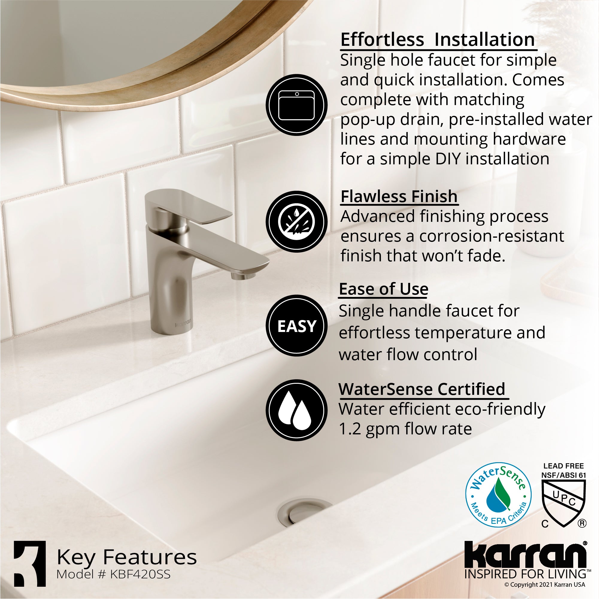 Karran Kayes 1.2 GPM Single Lever Handle Lead-free Brass ADA Bathroom Faucet, Basin, Stainless Steel, KBF420SS