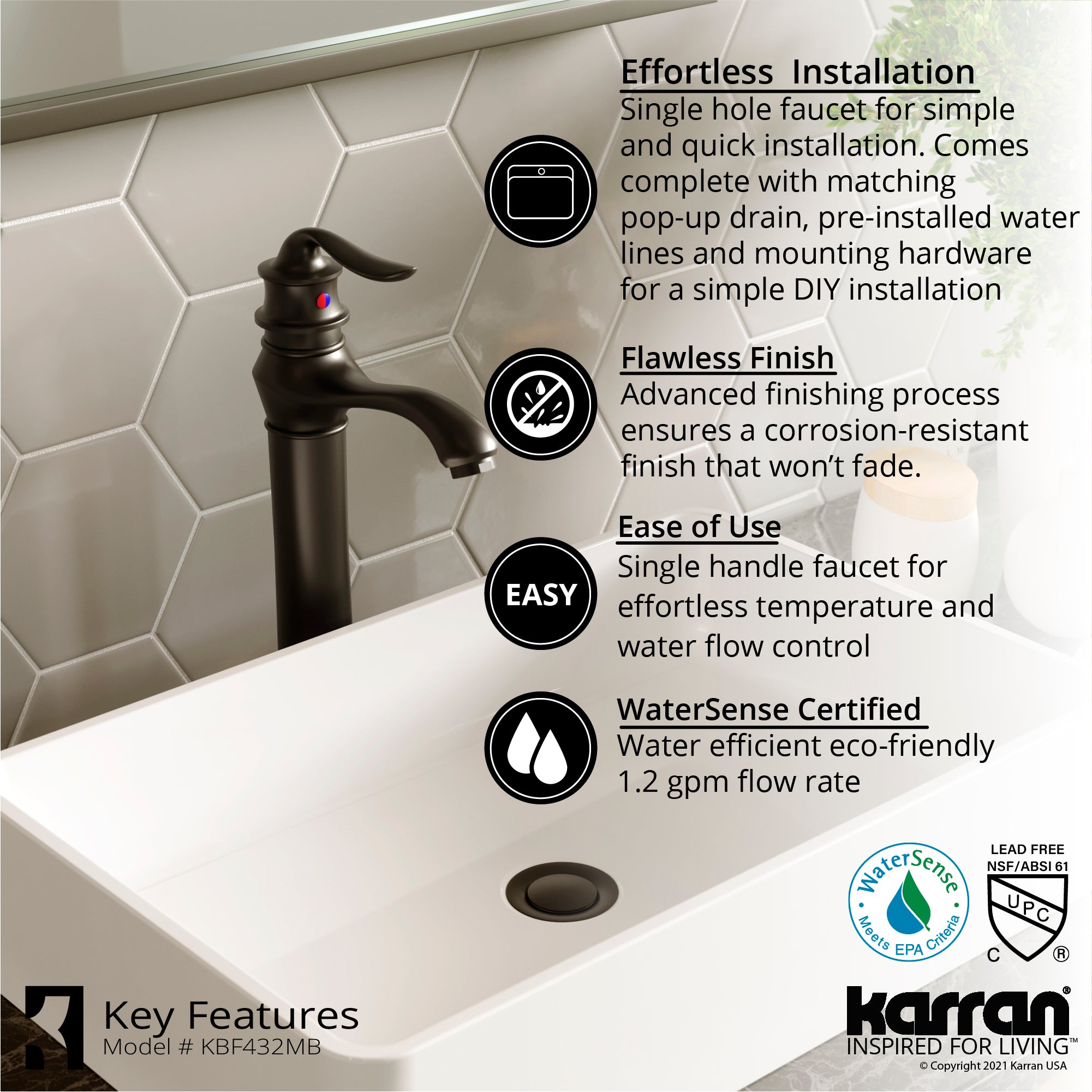 Karran Dartford 1.2 GPM Single Lever Handle Lead-free Brass ADA Bathroom Faucet, Vessel, Matte Black, KBF432MB