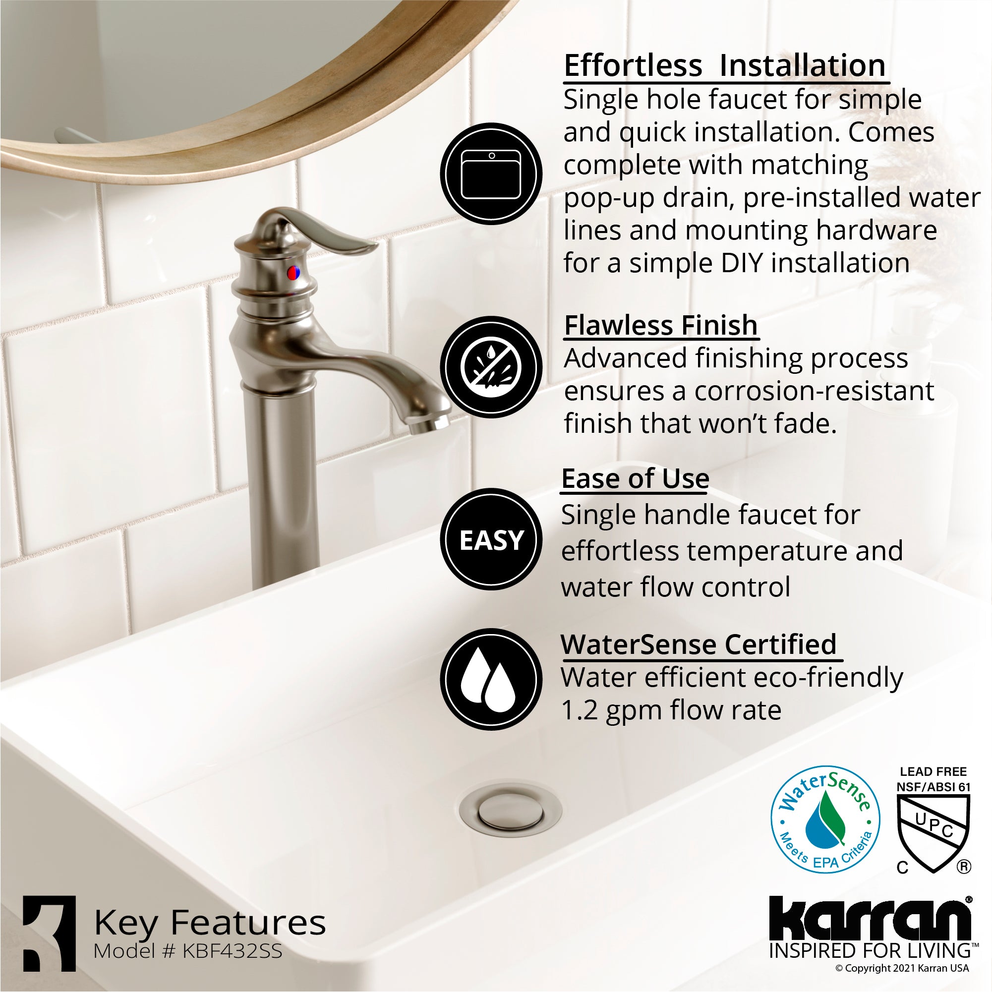 Karran Dartford 1.2 GPM Single Lever Handle Lead-free Brass ADA Bathroom Faucet, Vessel, Stainless Steel, KBF432SS