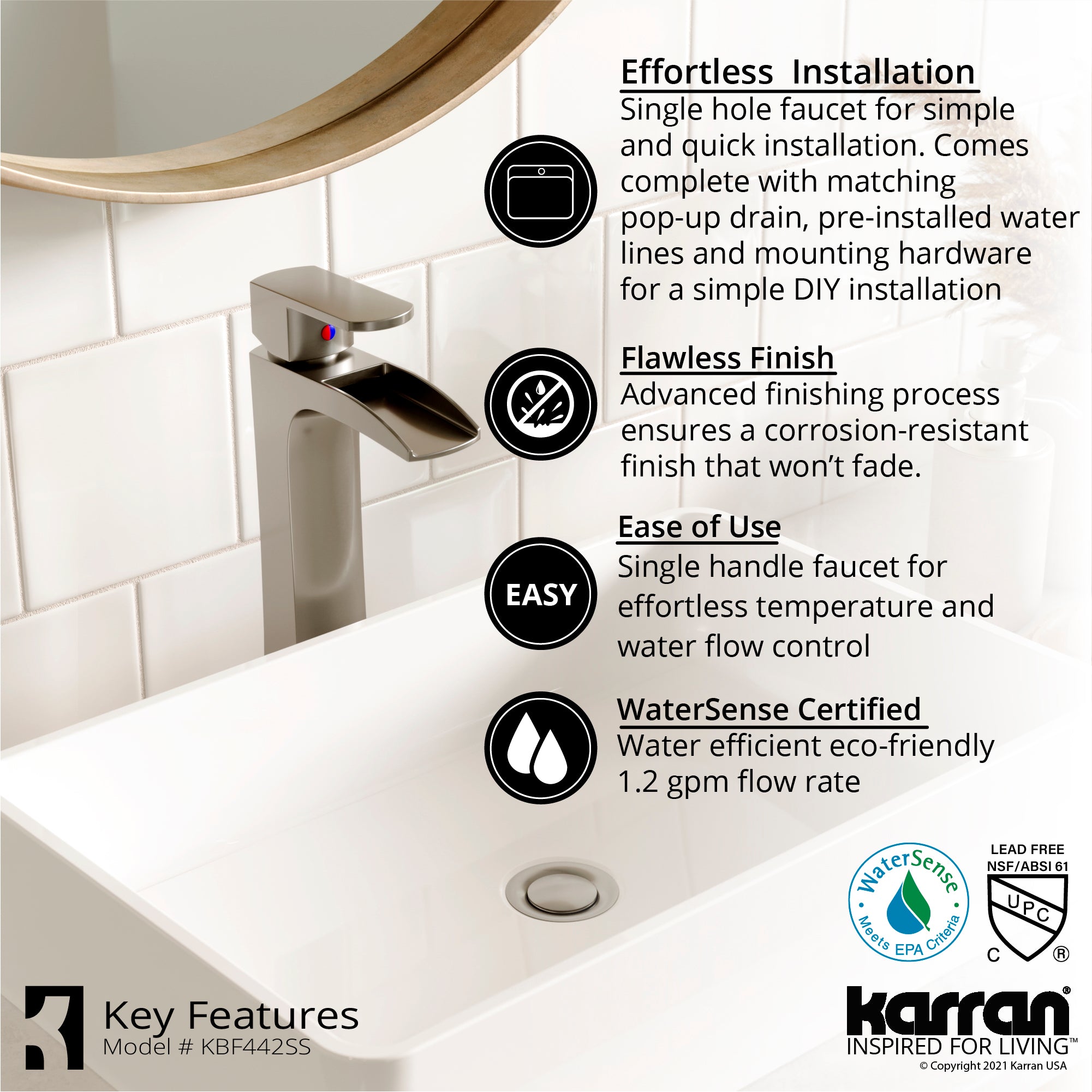 Karran Kassel 1.2 GPM Single Lever Handle Lead-free Brass ADA Bathroom Faucet, Vessel, Stainless Steel, KBF442SS