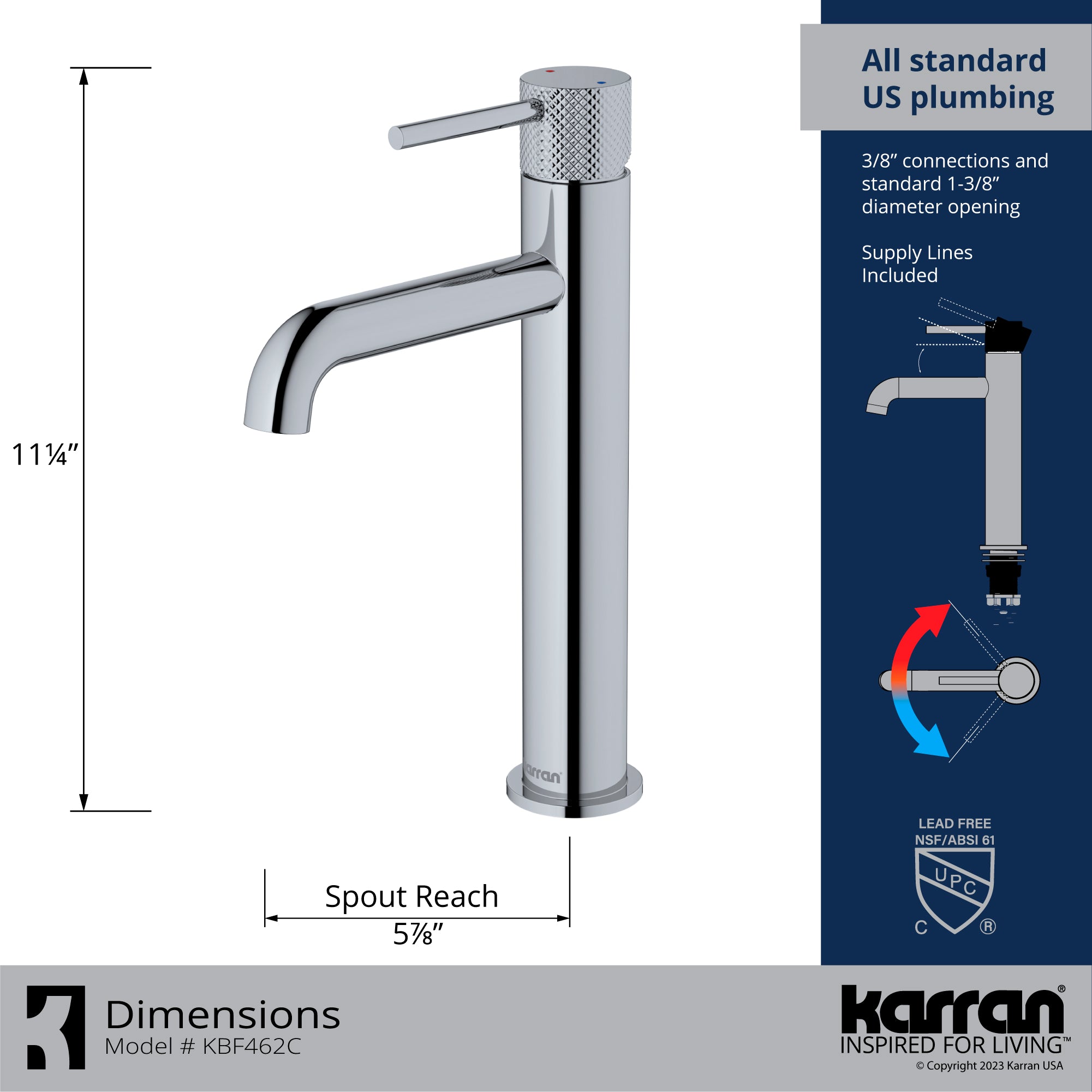 Karran Tryst 1.2 GPM Single Lever Handle Lead-free Brass ADA Bathroom Faucet, Vessel, Chrome, KBF462C