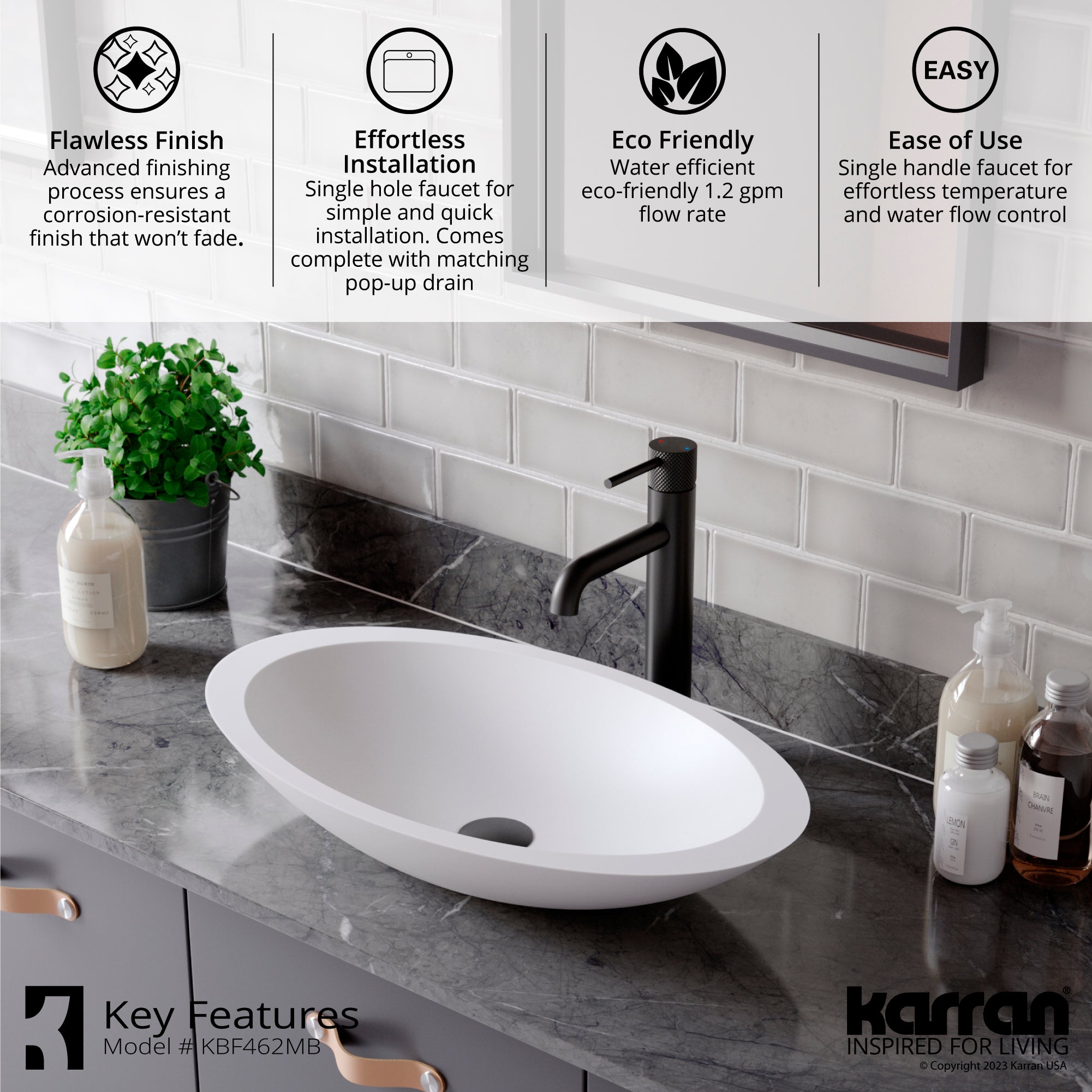 Karran Tryst 1.2 GPM Single Lever Handle Lead-free Brass ADA Bathroom Faucet, Vessel, Matte Black, KBF462MB