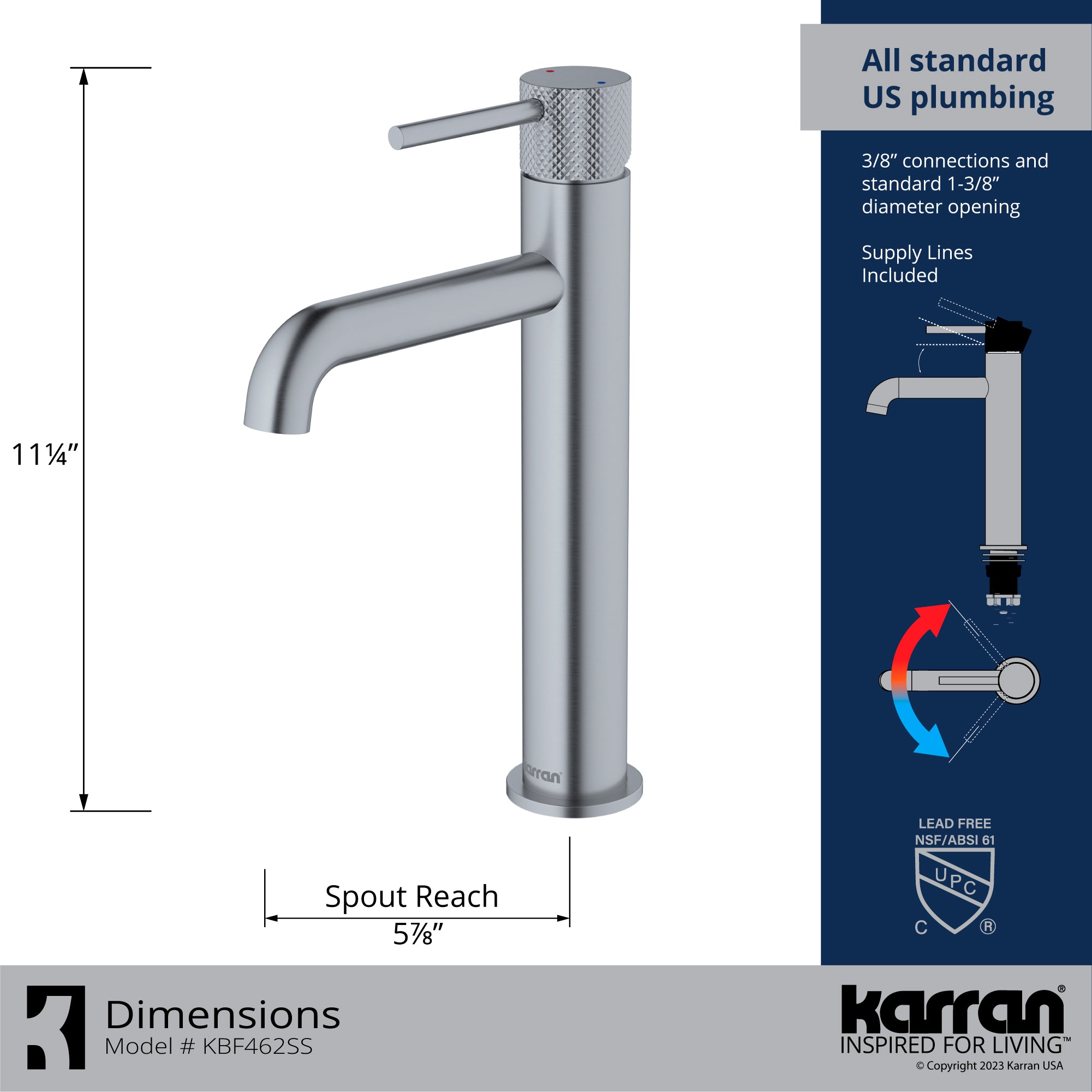 Karran Tryst 1.2 GPM Single Lever Handle Lead-free Brass ADA Bathroom Faucet, Vessel, Stainless Steel, KBF462SS