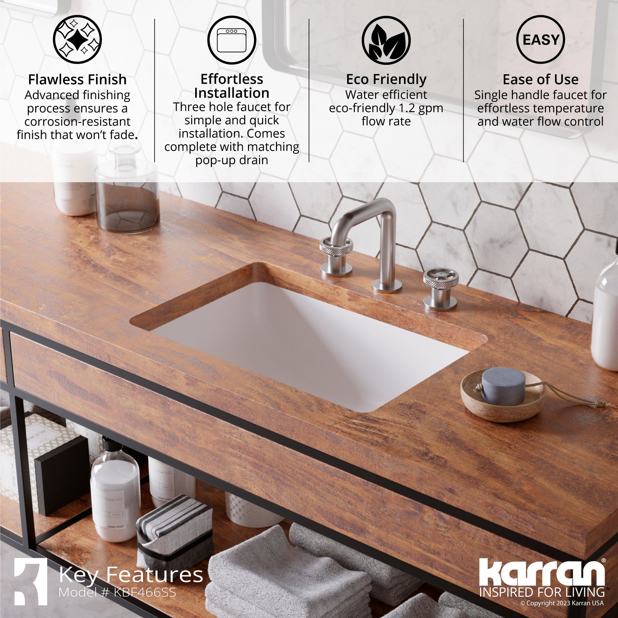 Karran Tryst 1.2 GPM Double Lever Handle Lead-free Brass Bathroom Faucet, Widespread, Stainless Steel, KBF466SS