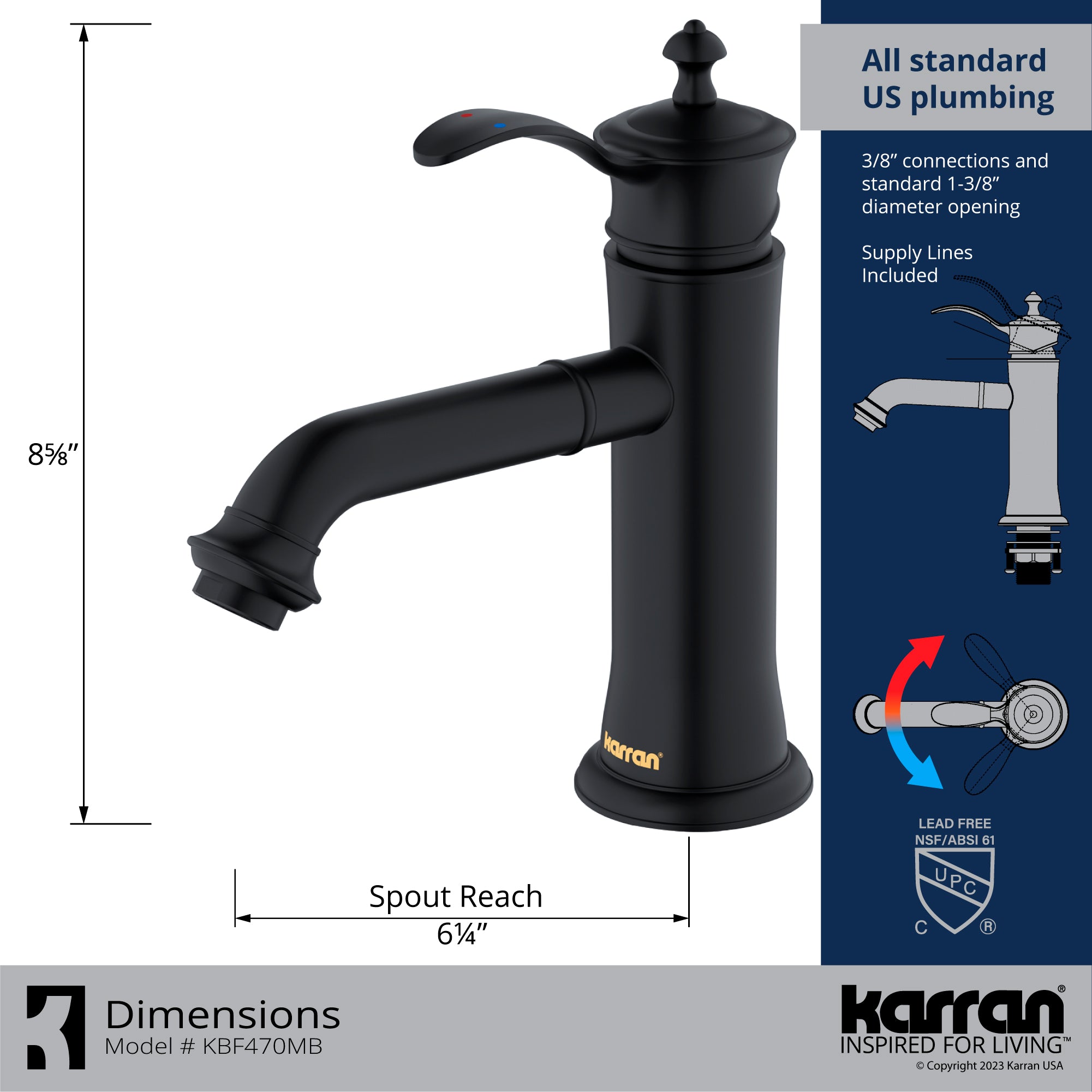 Karran Vineyard 1.2 GPM Single Lever Handle Lead-free Brass ADA Bathroom Faucet, Basin, Matte Black, KBF470MB