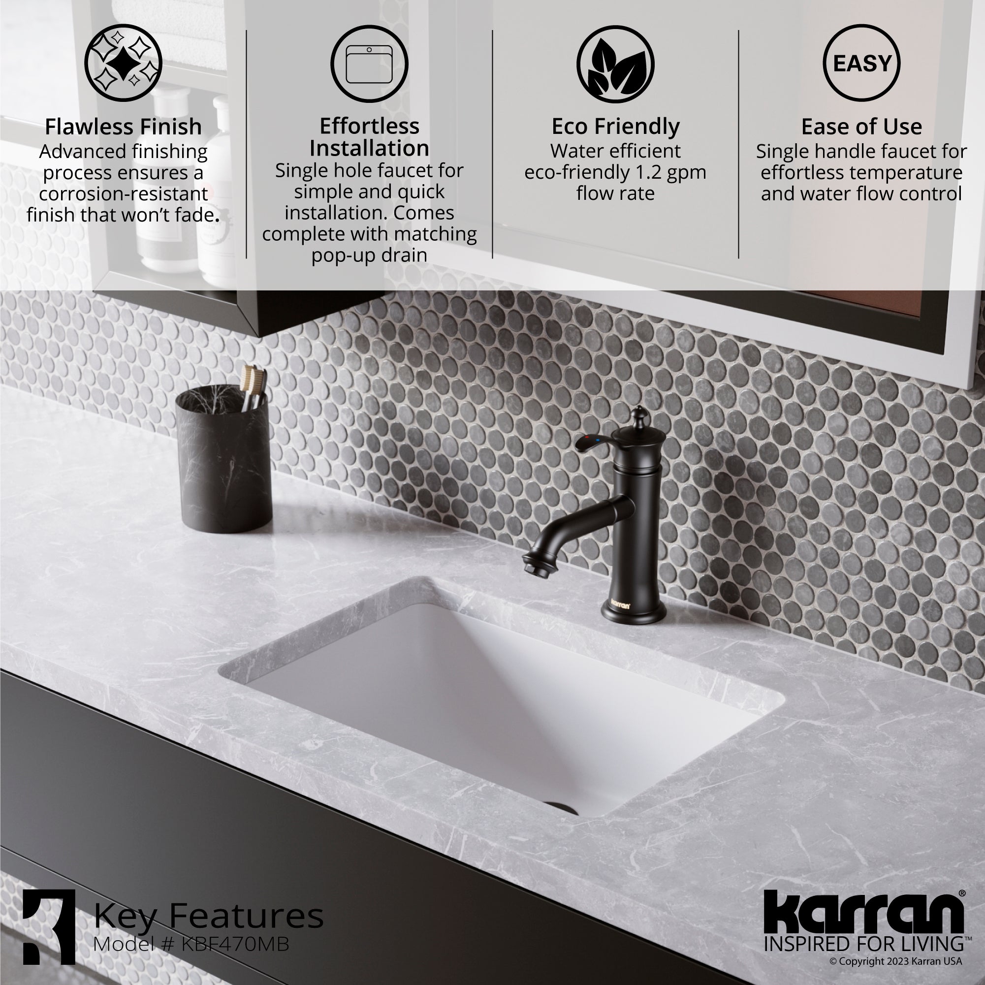 Karran Vineyard 1.2 GPM Single Lever Handle Lead-free Brass ADA Bathroom Faucet, Basin, Matte Black, KBF470MB