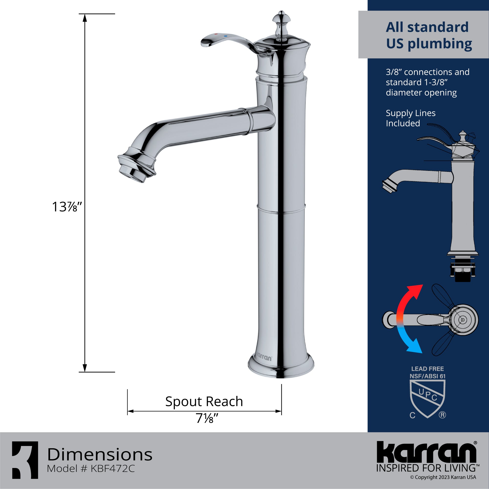 Karran Vineyard 1.2 GPM Single Lever Handle Lead-free Brass ADA Bathroom Faucet, Vessel, Chrome, KBF472C