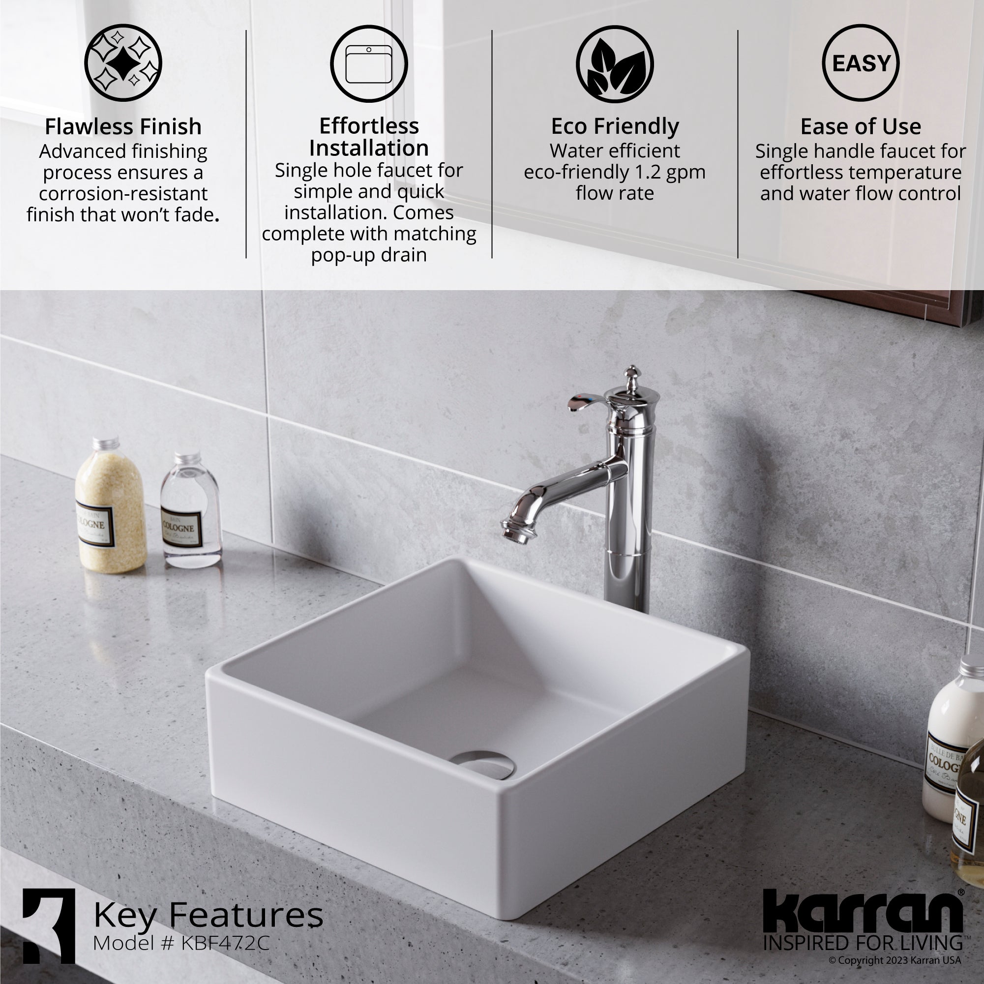 Karran Vineyard 1.2 GPM Single Lever Handle Lead-free Brass ADA Bathroom Faucet, Vessel, Chrome, KBF472C