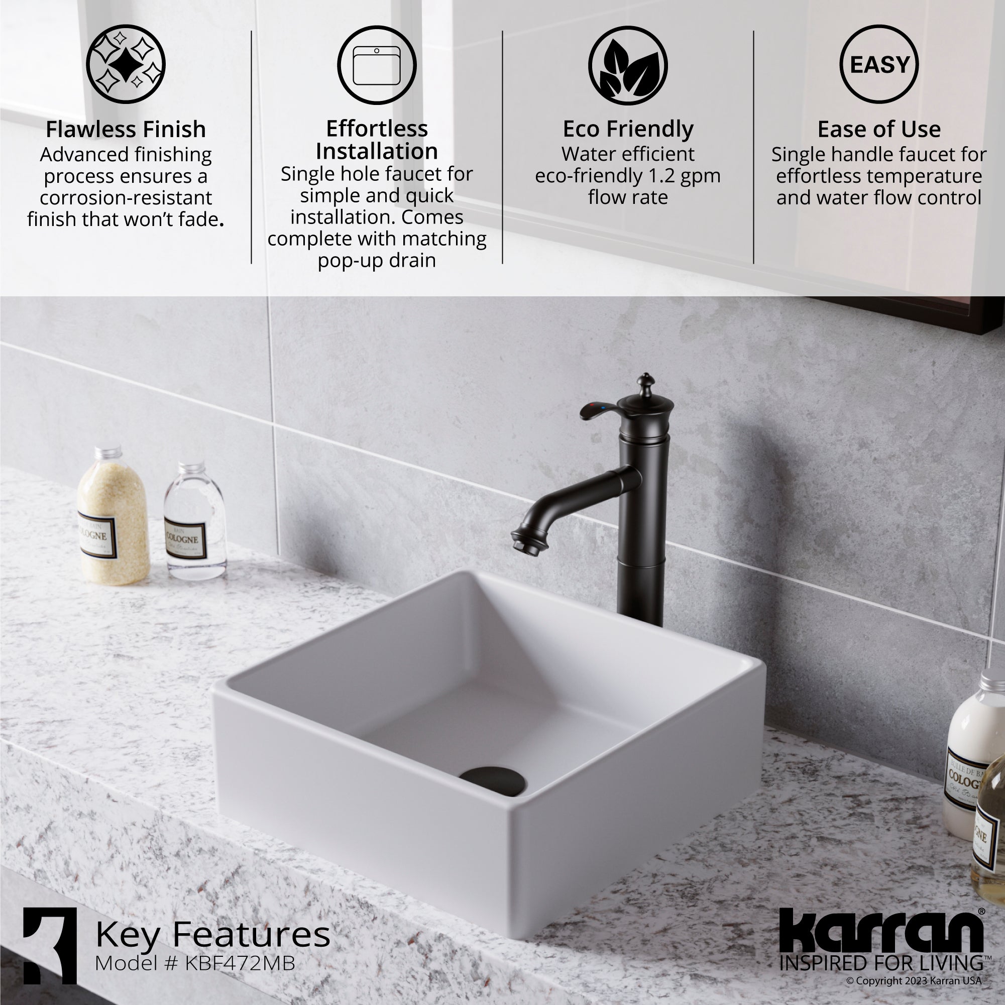 Karran Vineyard 1.2 GPM Single Lever Handle Lead-free Brass ADA Bathroom Faucet, Vessel, Matte Black, KBF472MB
